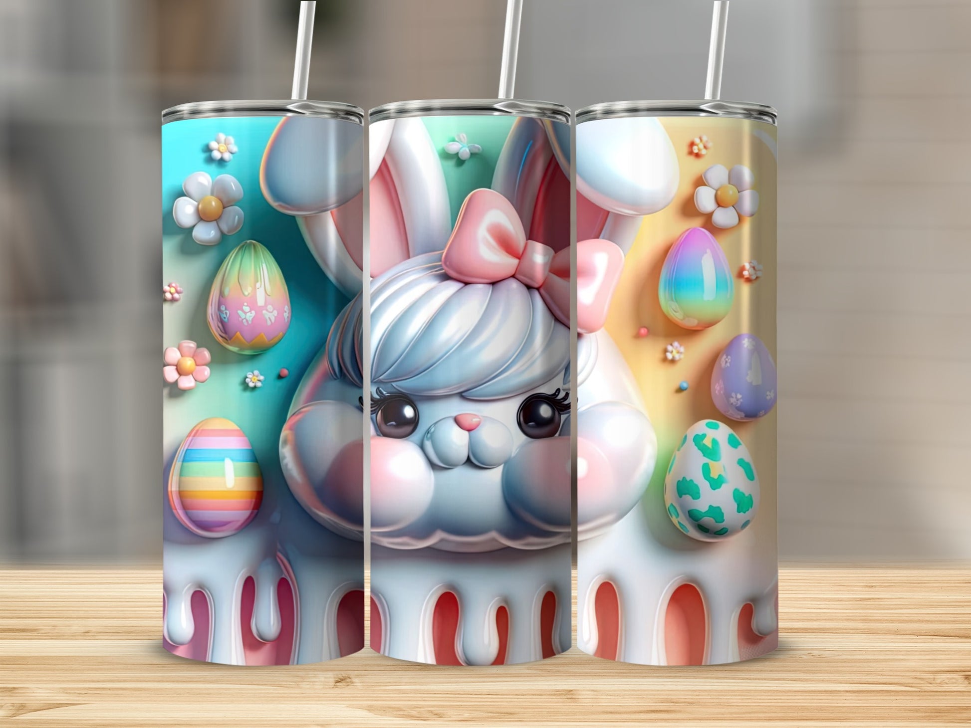 Three Easter bunny tumblers with colorful eggs and dripping icing.