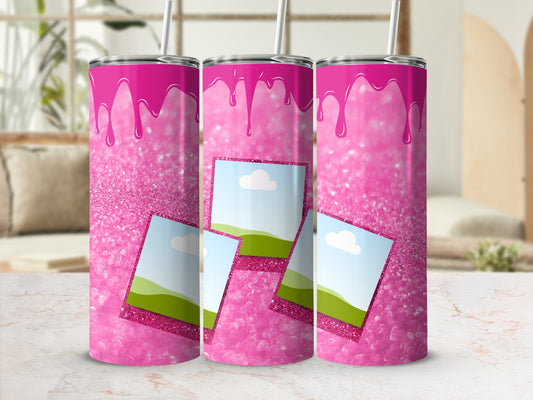 Three pink glitter tumblers with dripping paint design and photo collage placeholders.
