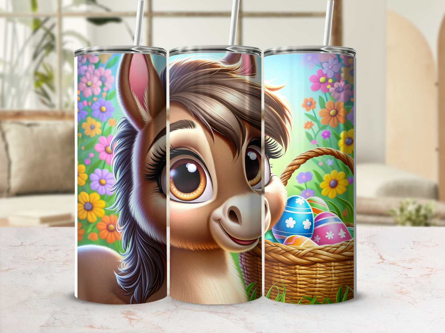 Donkey and Easter eggs on a tumbler.