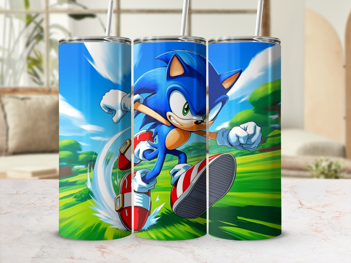 Sonic the Hedgehog running through a green landscape with a blue sky.