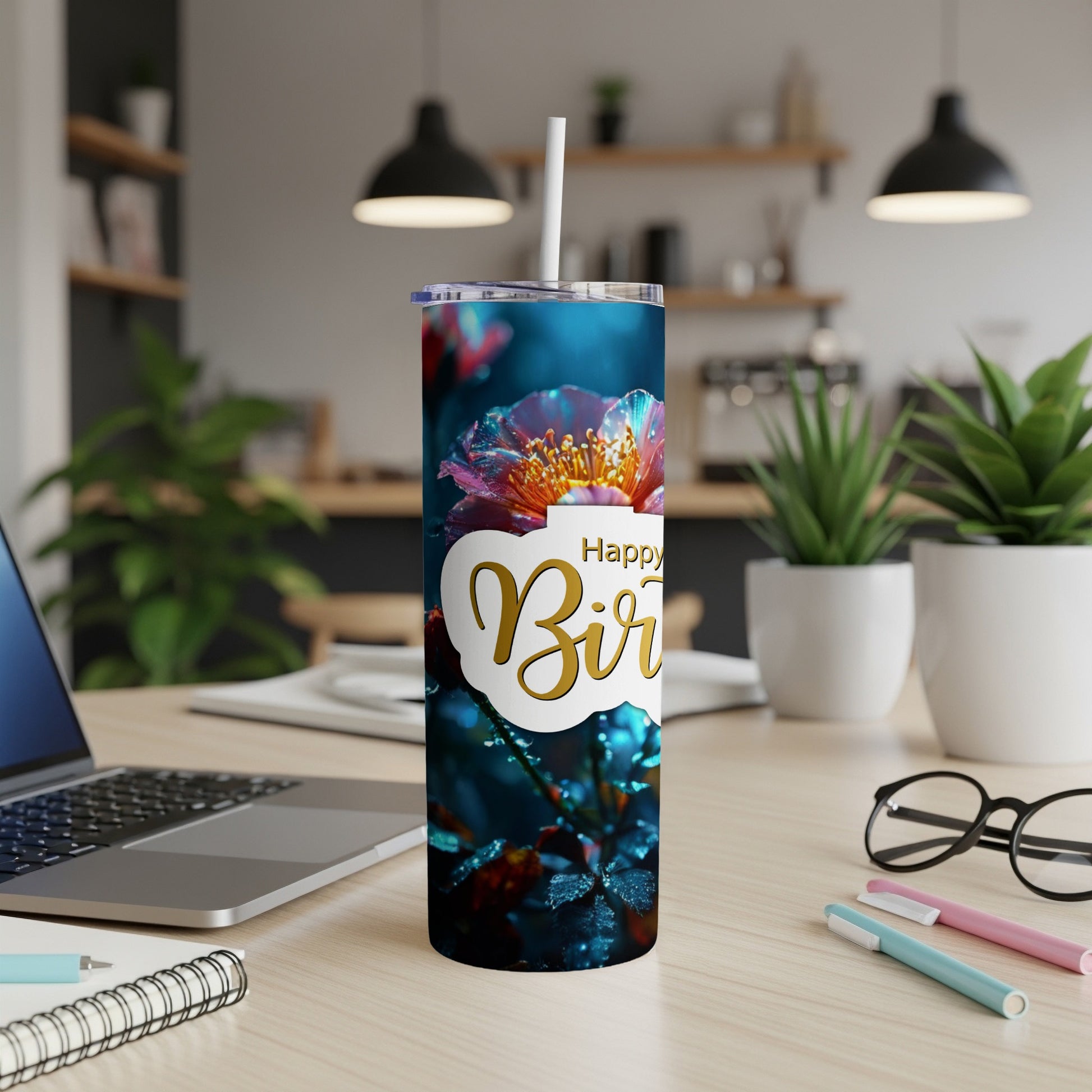 Tumbler with "Happy Birthday" text and floral design.