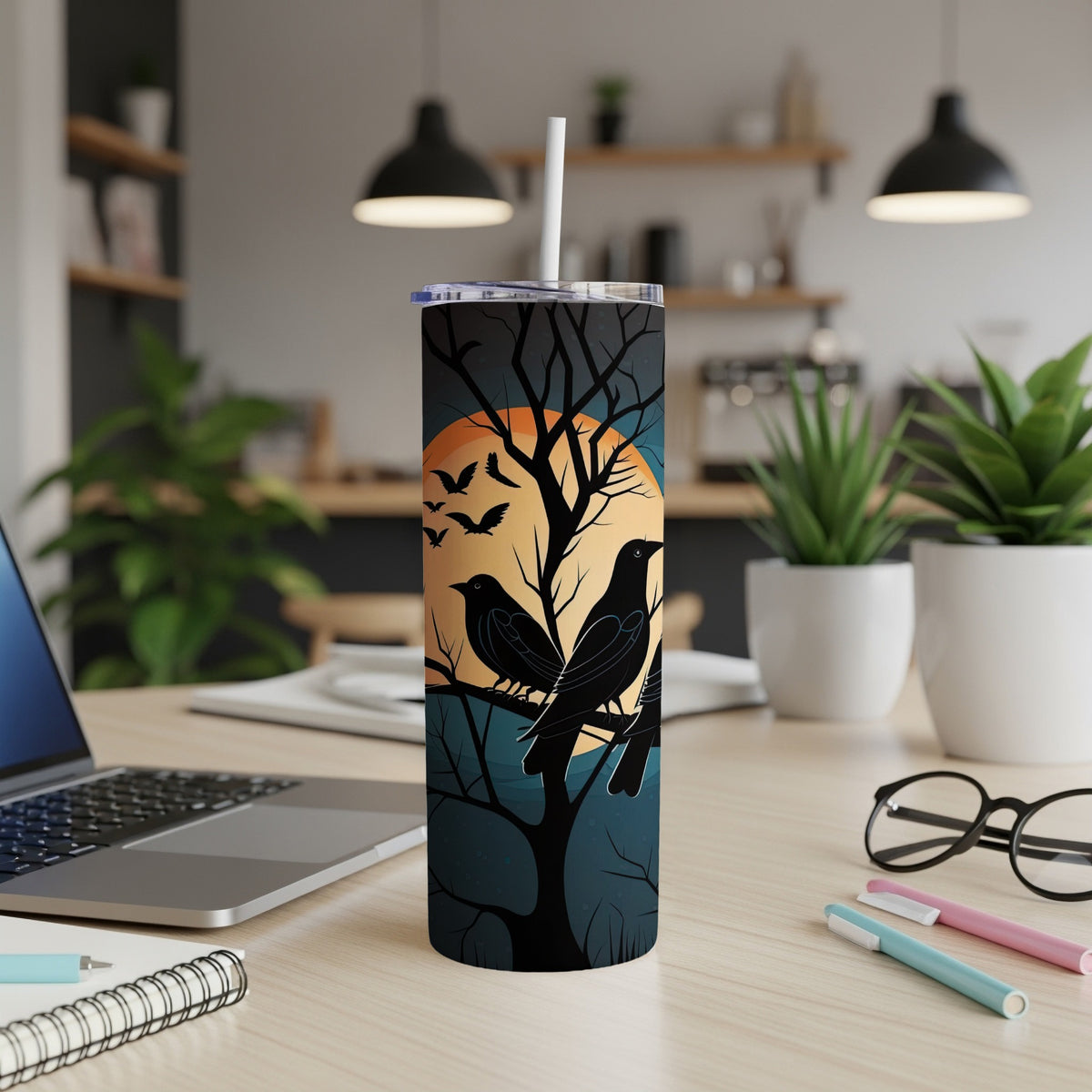 Tumbler with black crows and bats on a tree with a full moon.