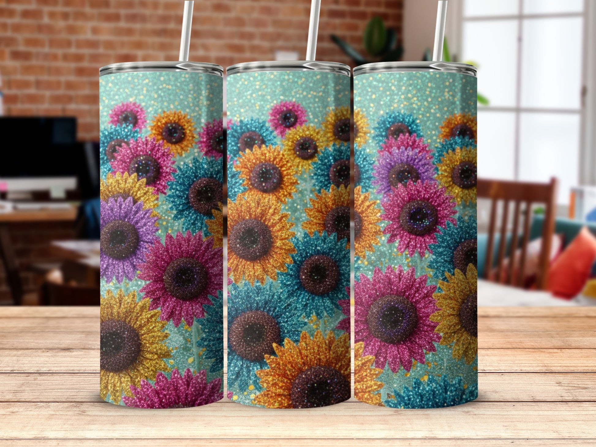 Colorful Glitter Sunflower Pattern Tumbler Set