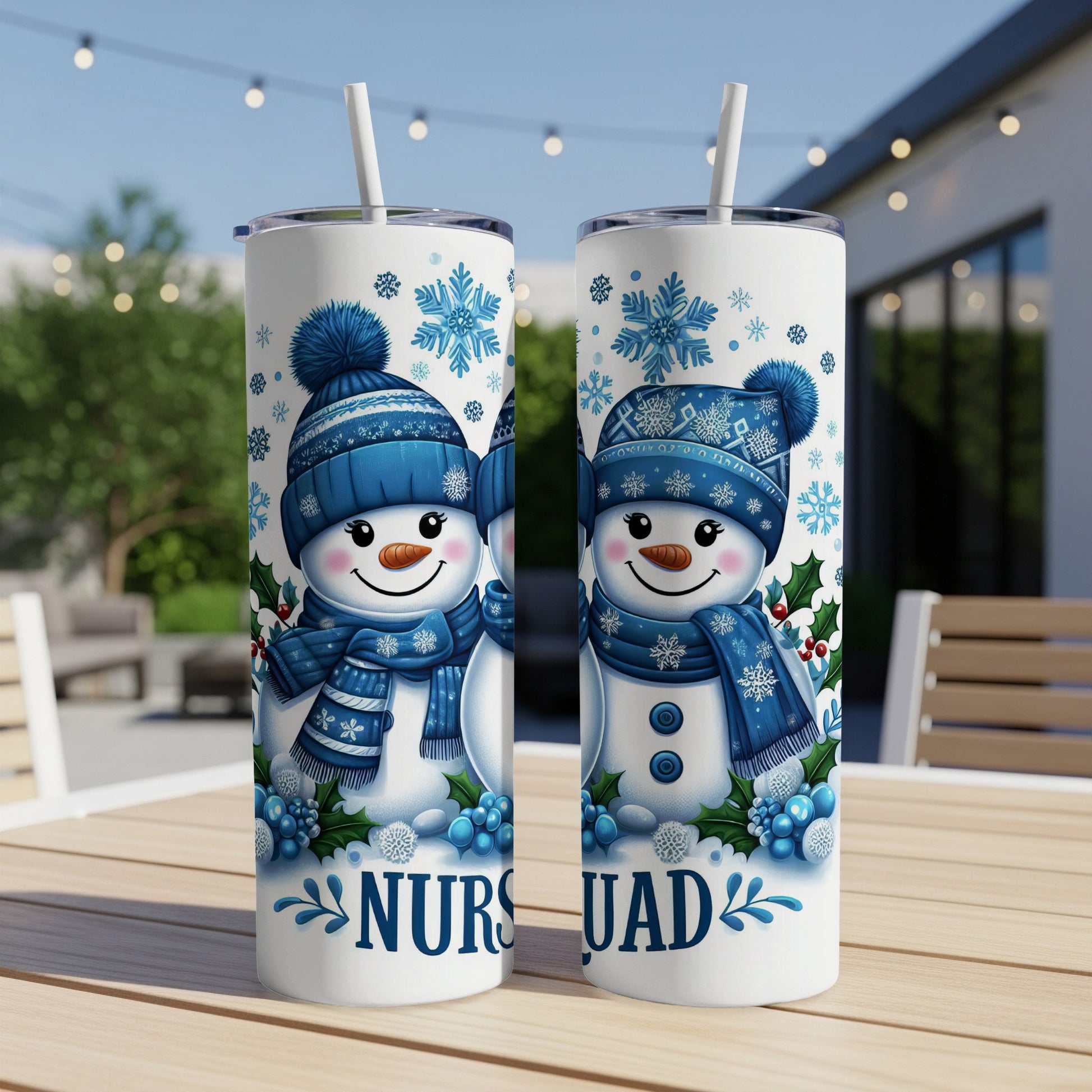 Two snowmen with blue hats and scarves, "NURSQUAD" text below.