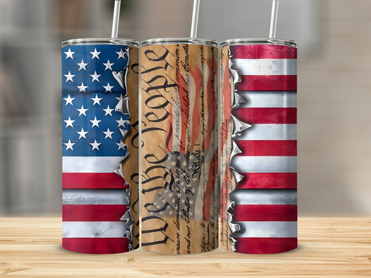 Three patriotic tumblers with US flag and Constitution text designs.