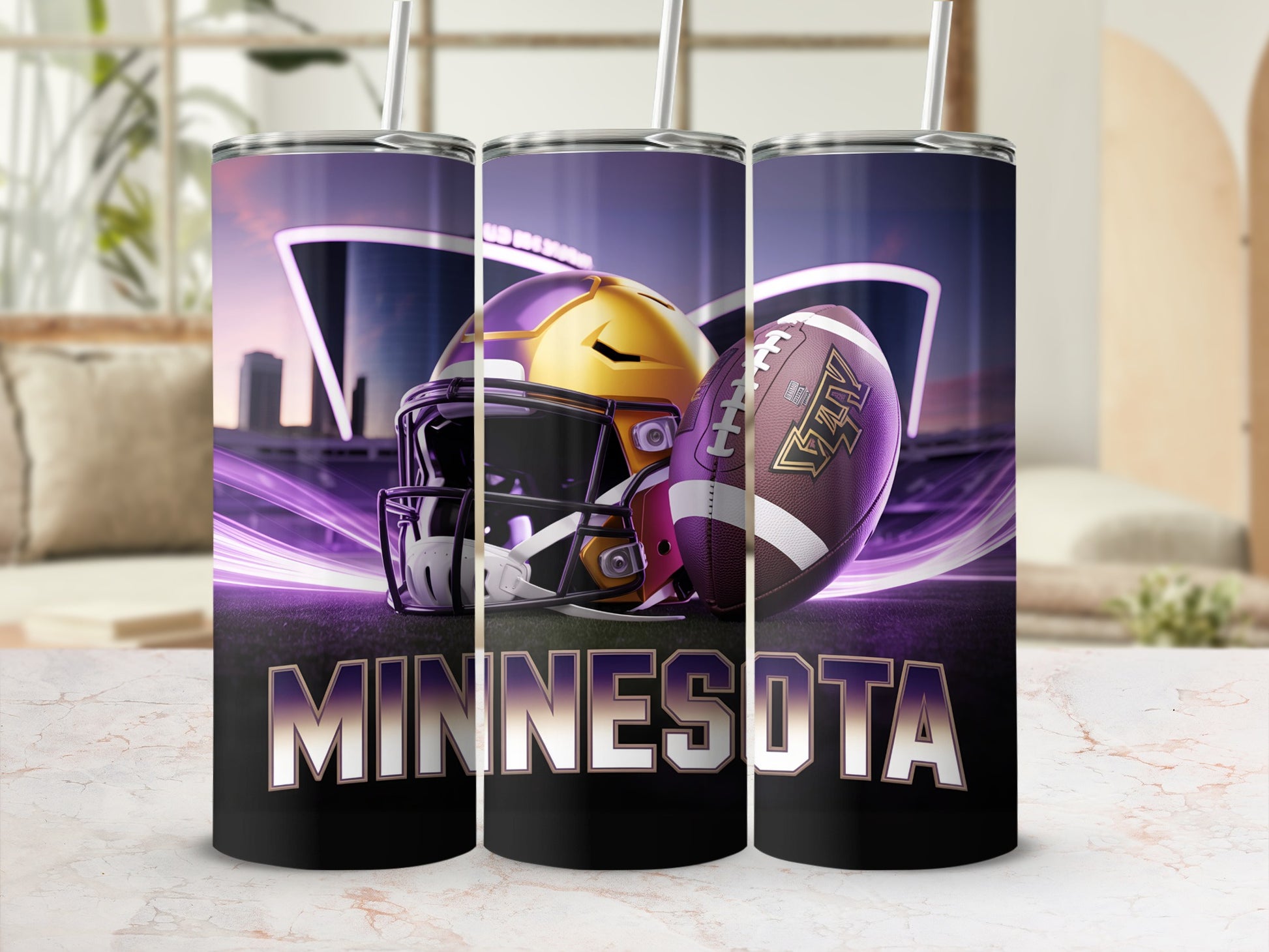 Minnesota Vikings helmet and football on tumblers.
