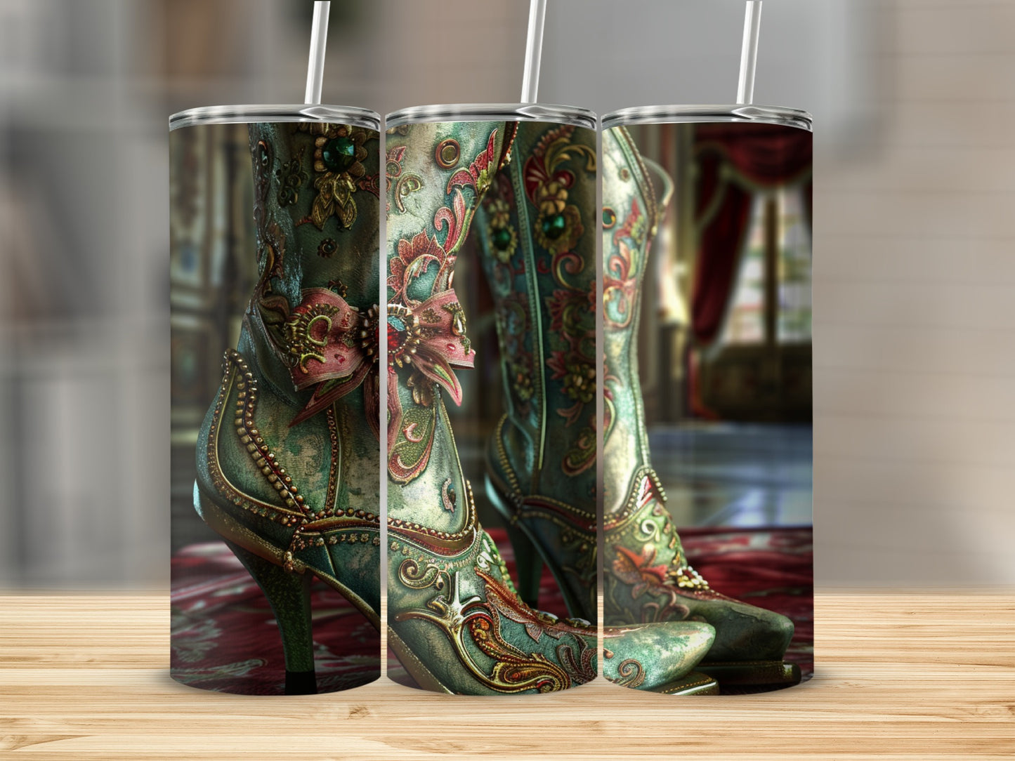Three ornate steampunk boots with buckles and bows, displayed on a rug.