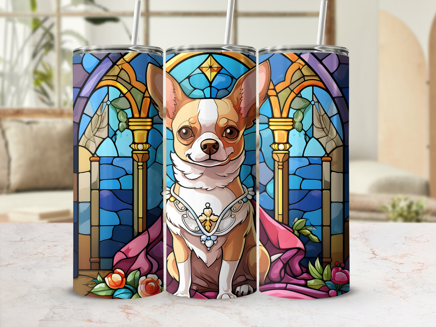 Chihuahua with stained glass background wearing a regal collar and cape.
