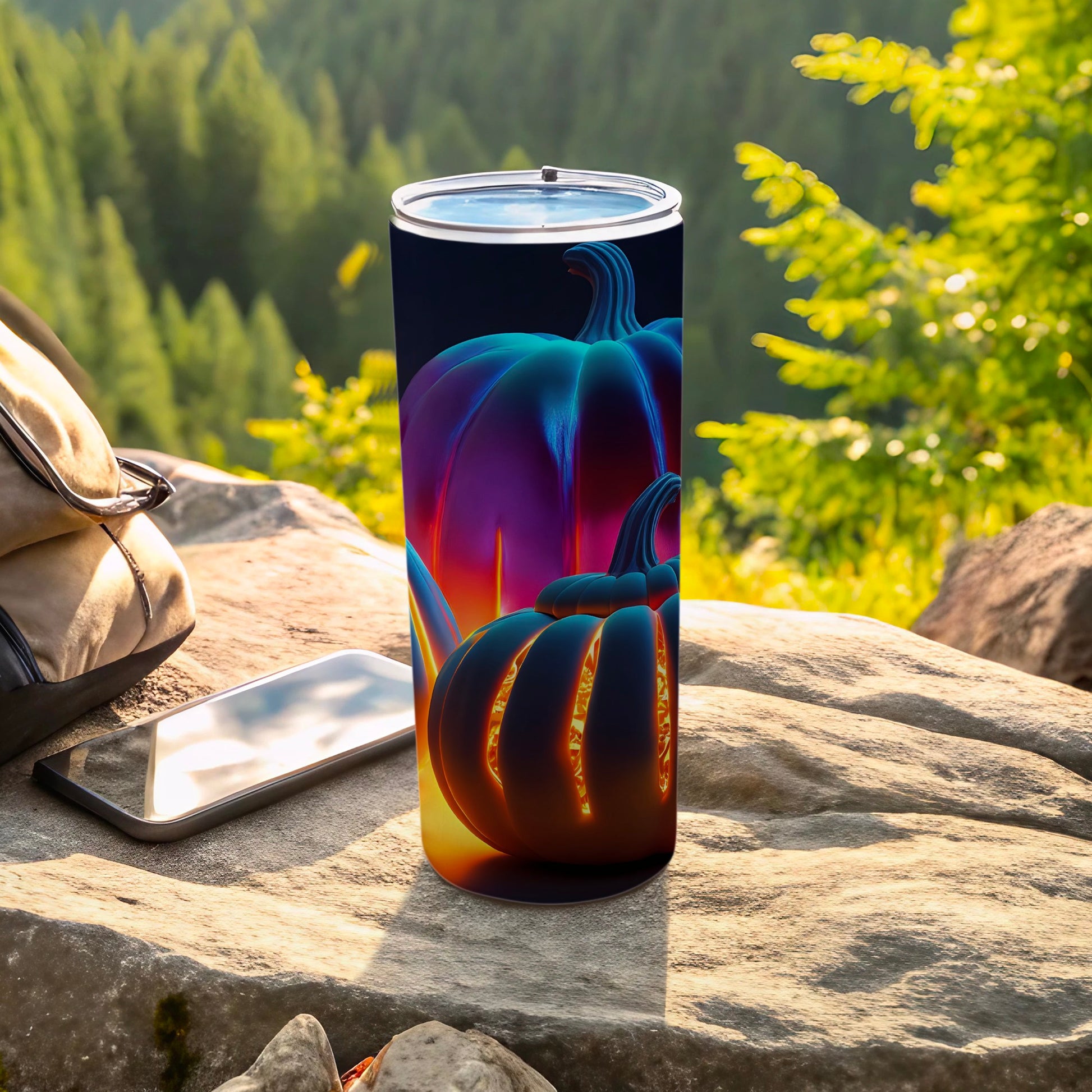 Tumbler with glowing jack-o'-lantern pumpkins design on rocky outdoor surface.
