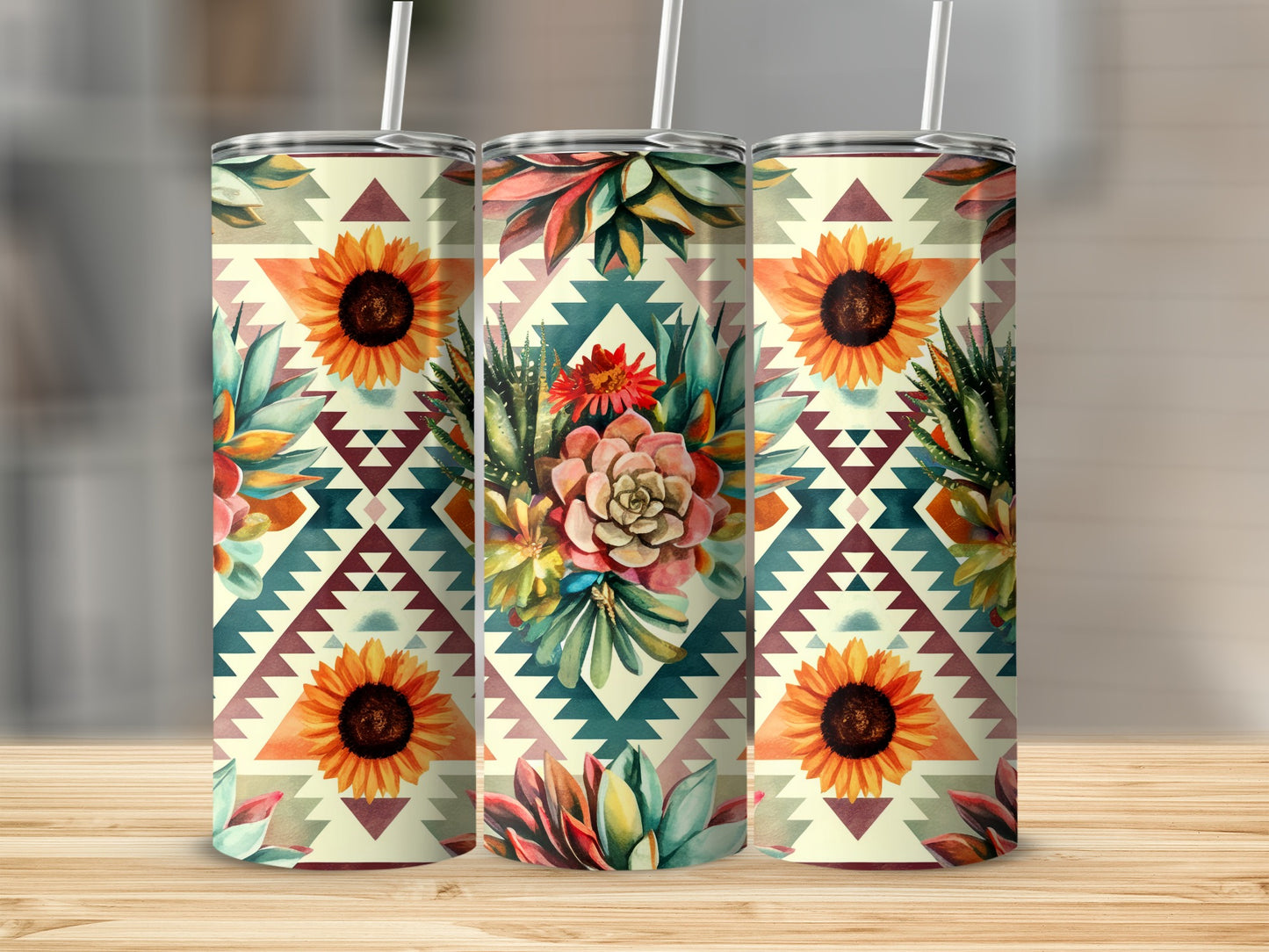 Three tumblers with sunflower and succulent floral pattern.