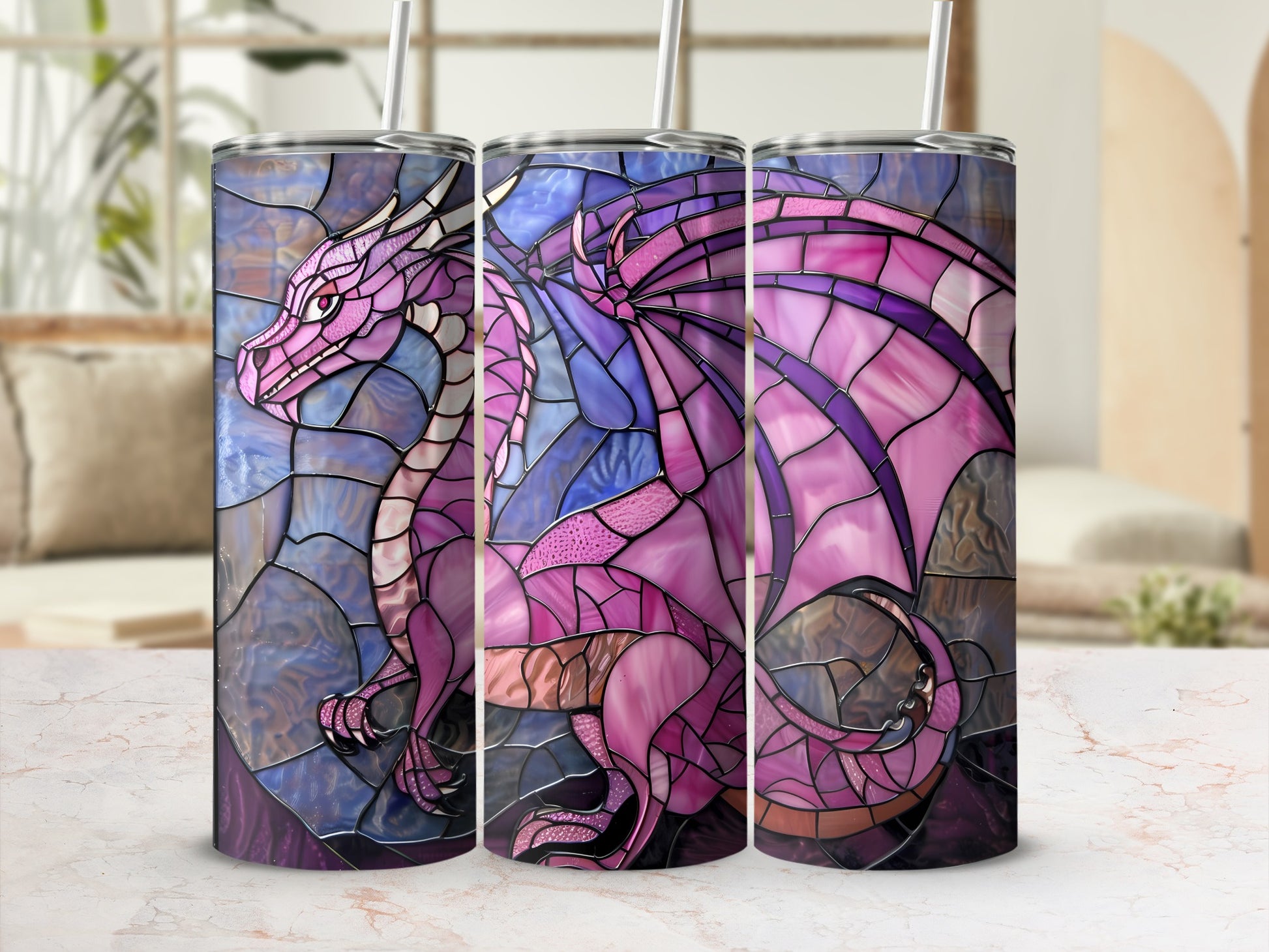 Stained glass dragon tumbler with purple and pink hues.