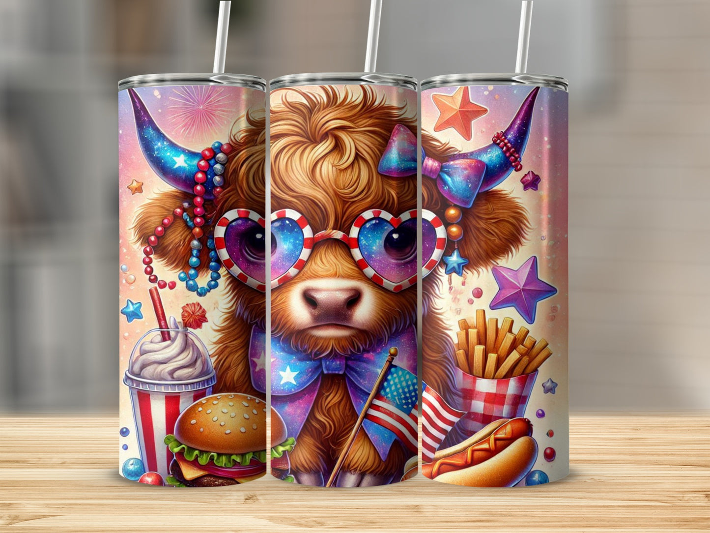 Patriotic Highland cow in heart sunglasses with patriotic treats and fireworks.