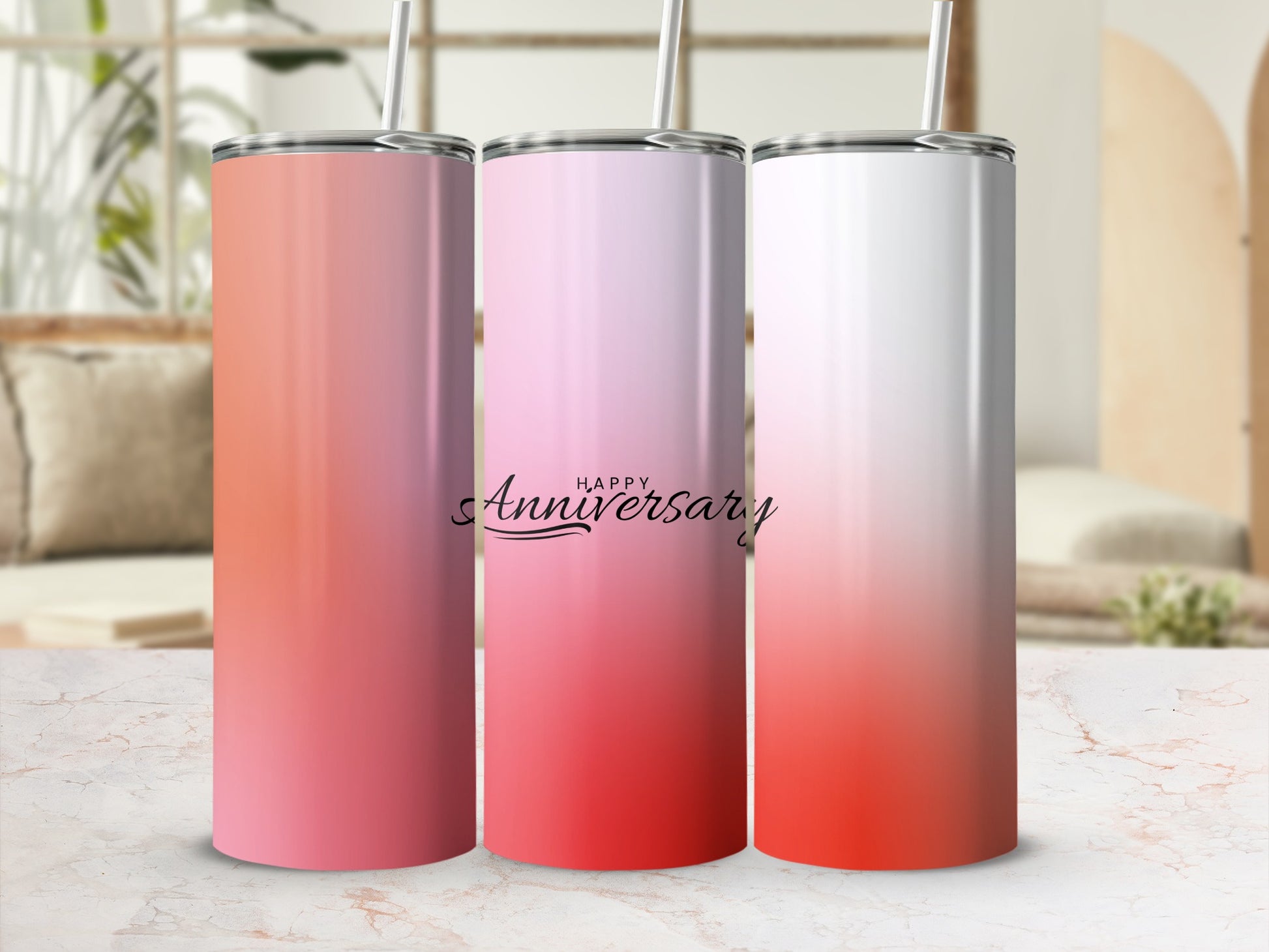 Pink and orange ombre stainless steel tumblers with "Happy Anniversary" text.
