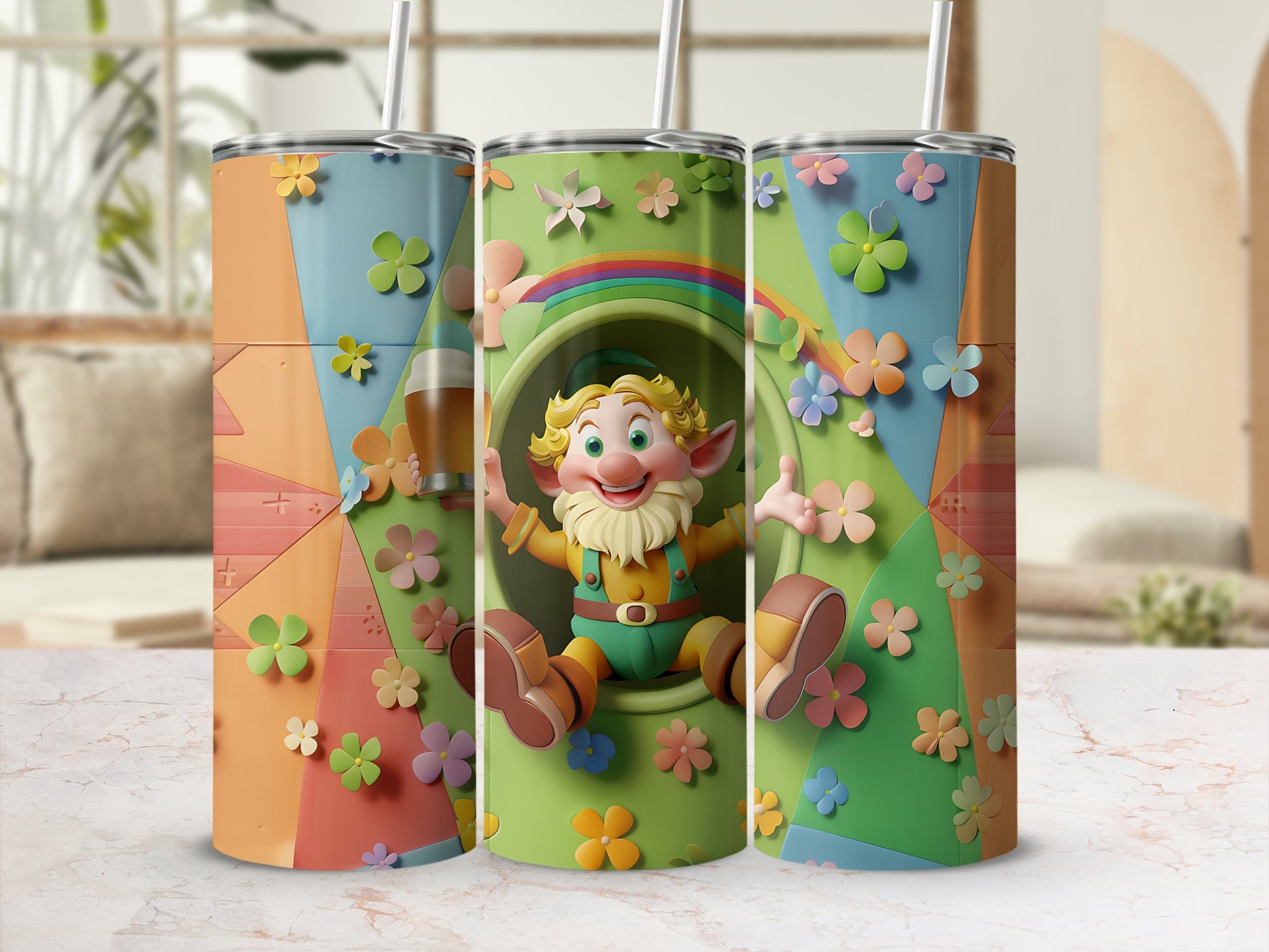 Three tumblers featuring a cartoon gnome, flowers, and a rainbow.