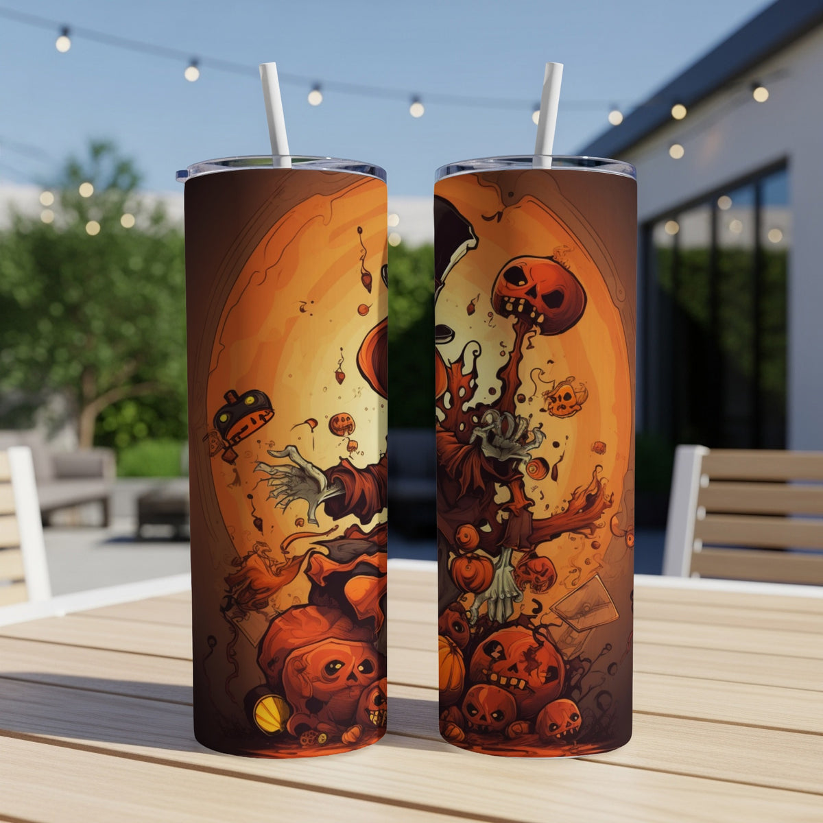 Two tumblers with spooky Halloween illustrations featuring pumpkins and a scarecrow.