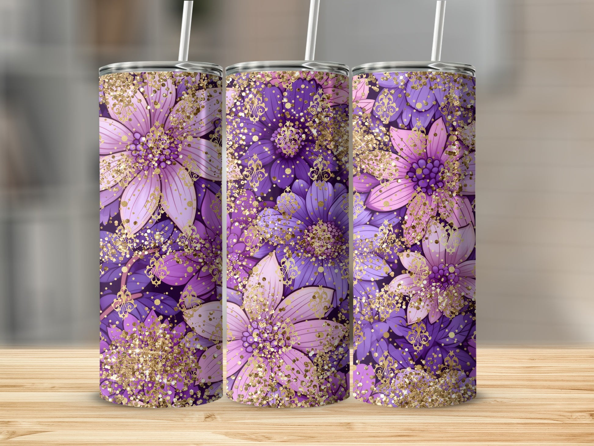 Floral Glitter Purple Pink Splendor Stainless Steel Tumbler