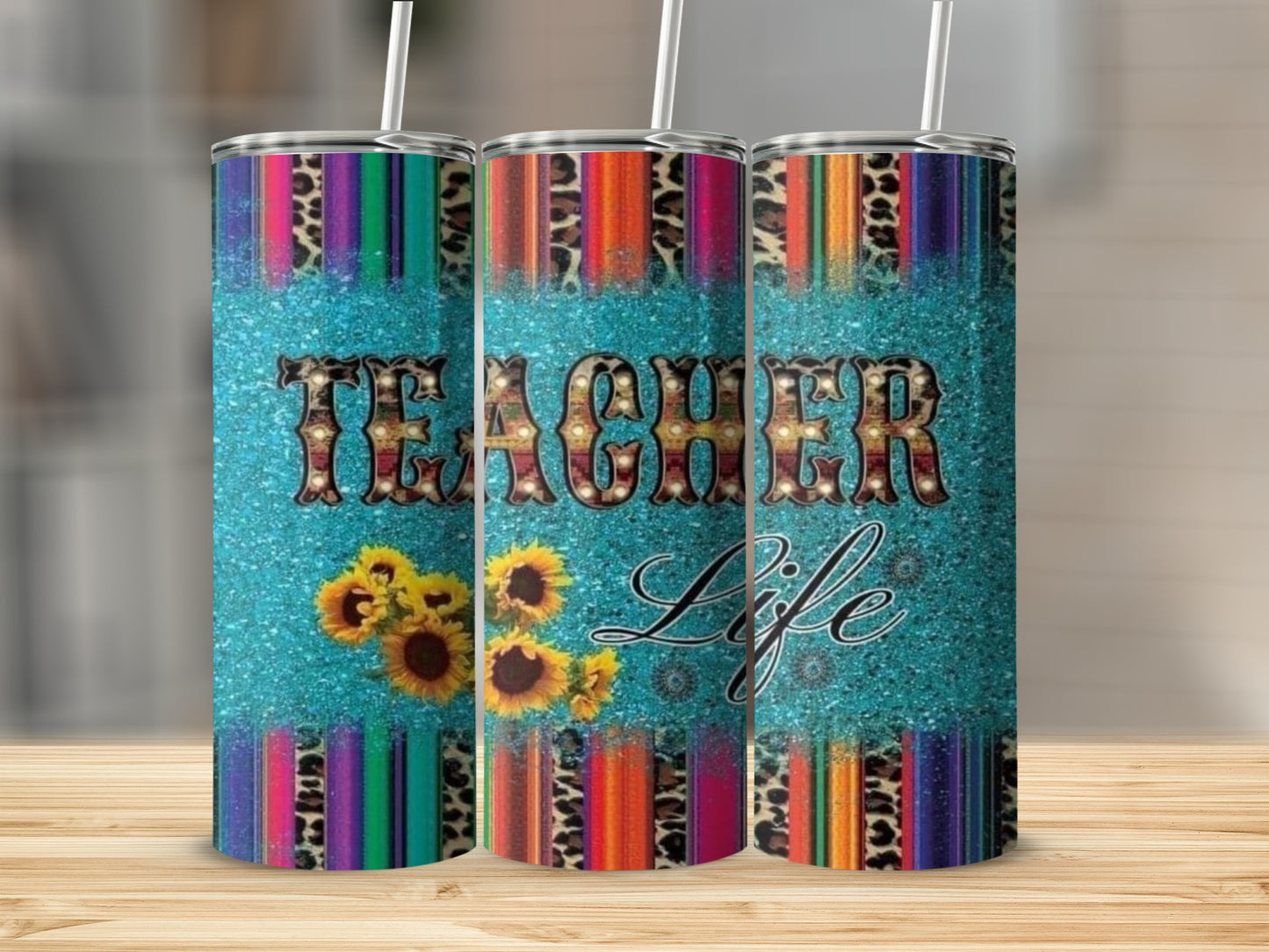 Teacher Life Design with Sunflowers and Leopard Prints Tumblers