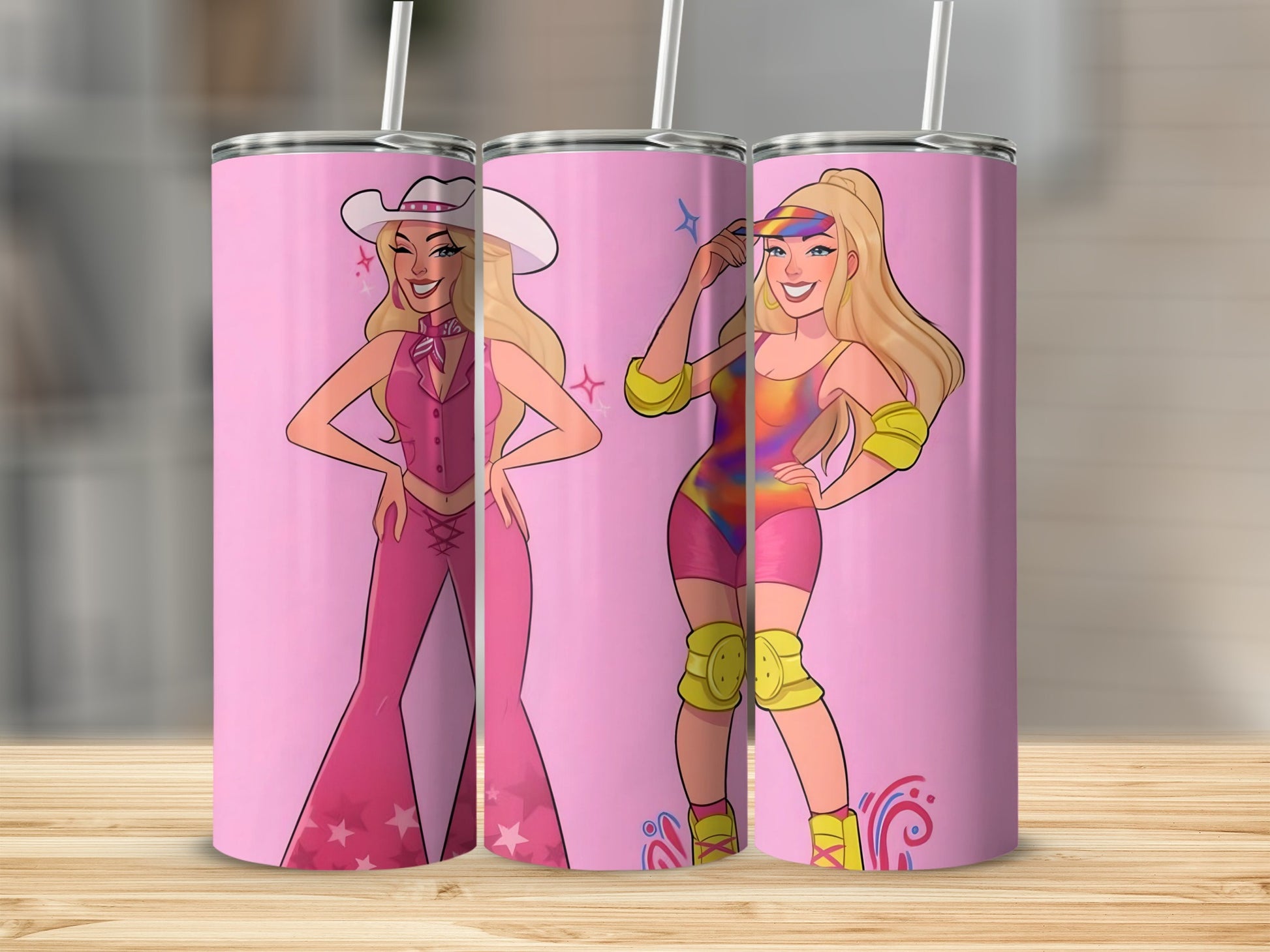 Cartoon Cowgirl and Roller Skater Design Tumbler