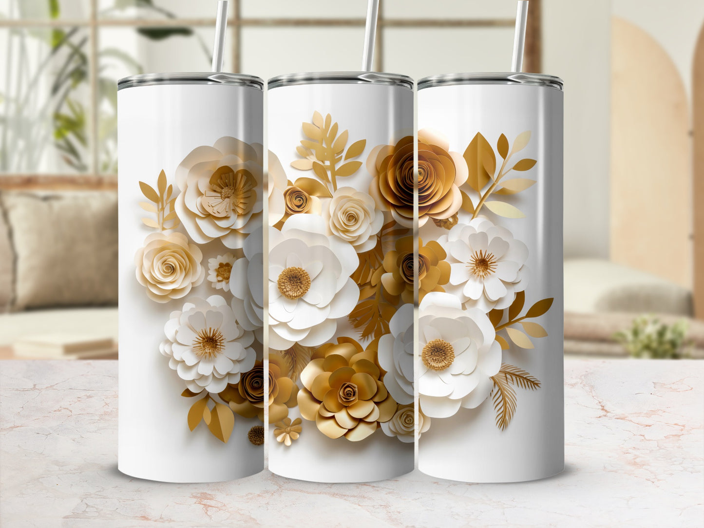Elegant Floral Gold and White Design Tumbler Cup
