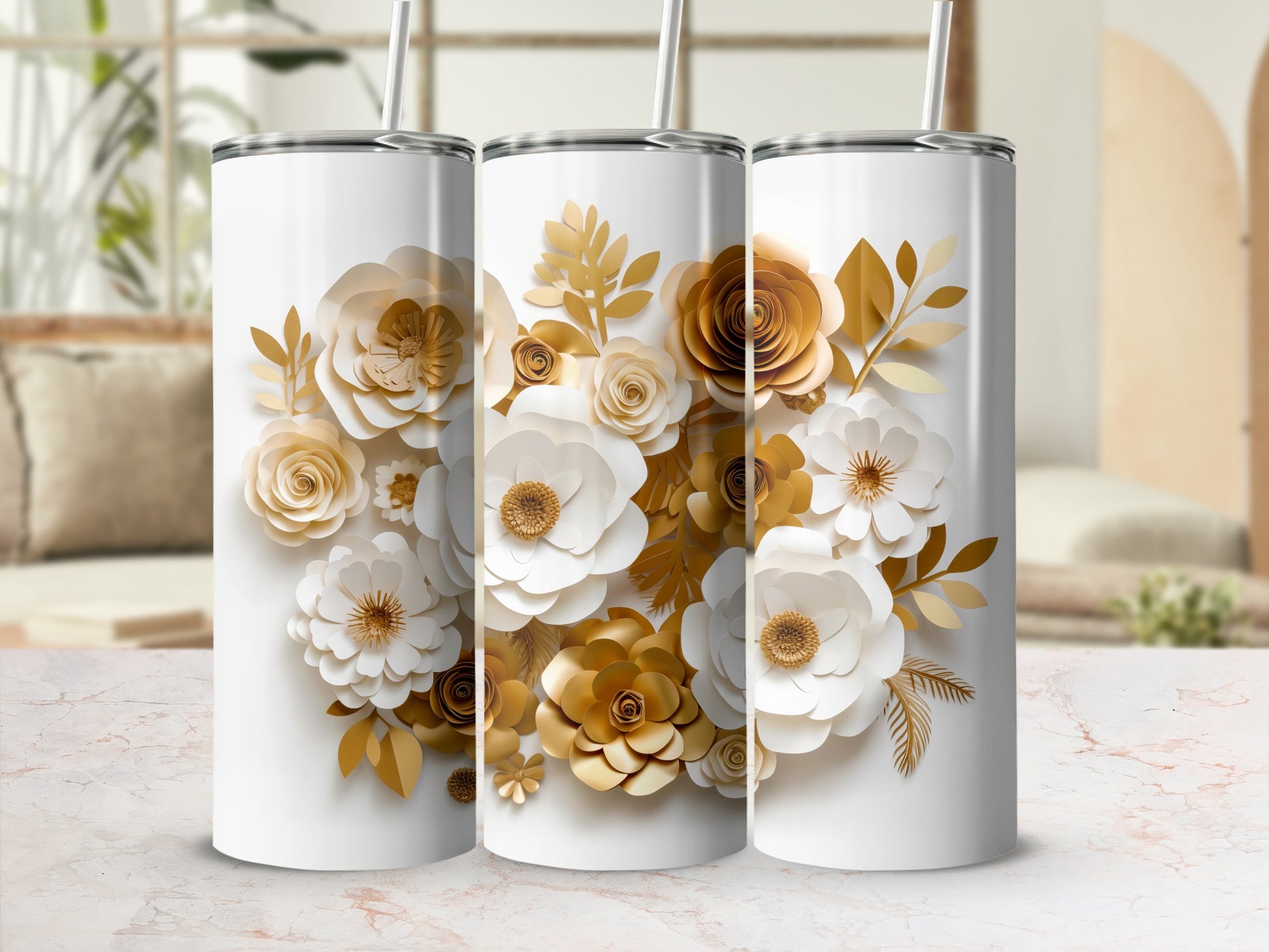 Elegant Floral Gold and White Design Tumbler Cup