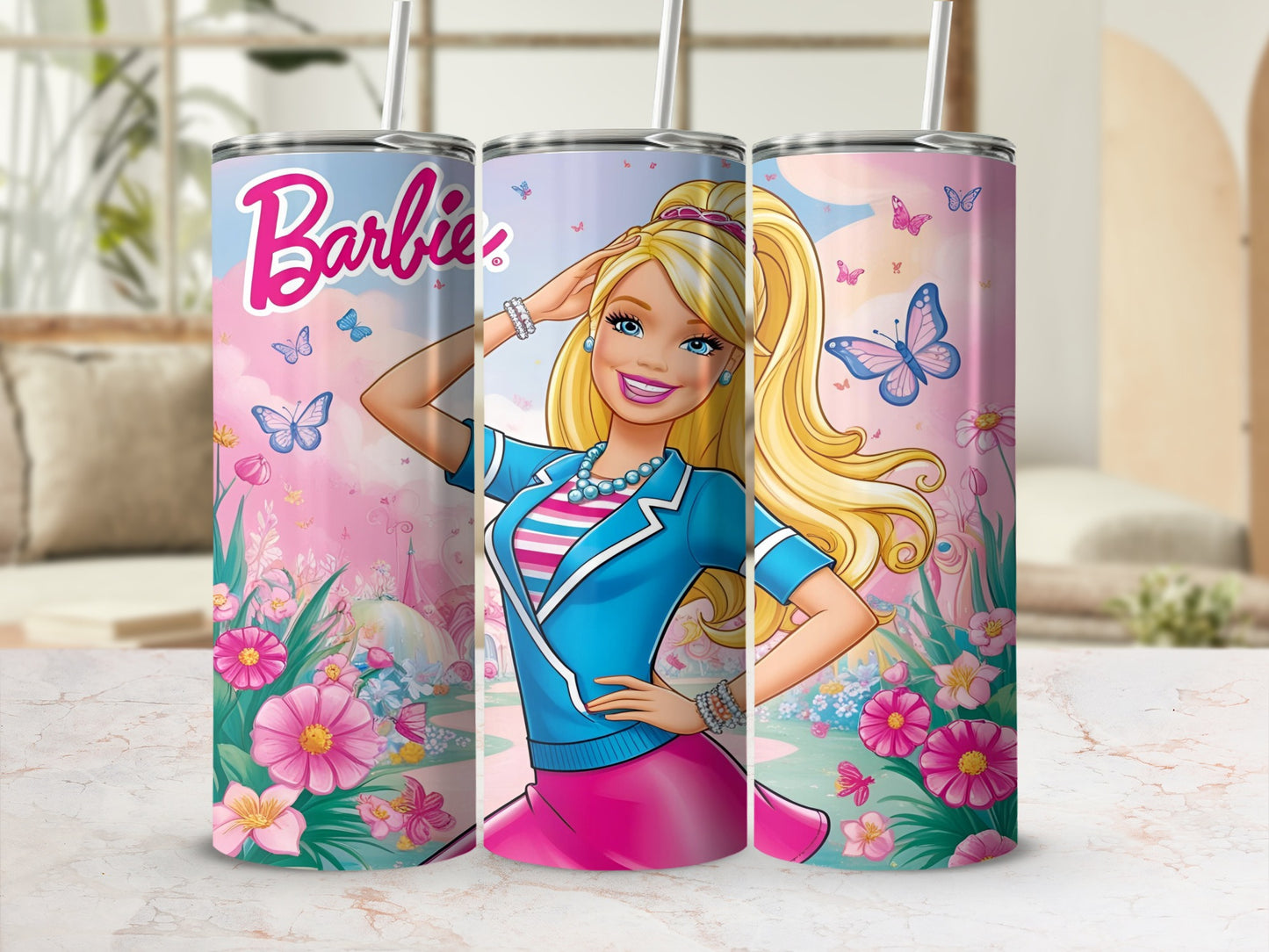 Barbie smiling, wearing a pink skirt and blue jacket, with butterflies and flowers.