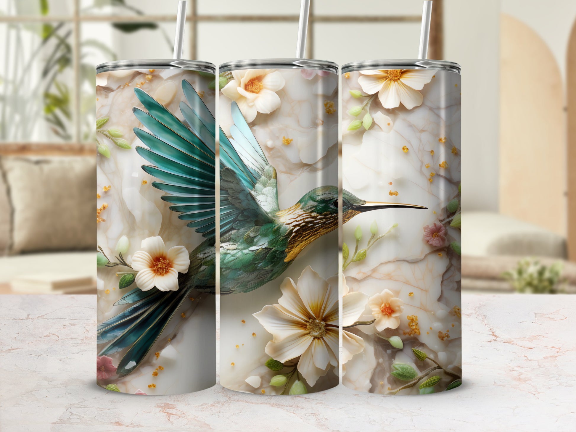 Graceful Hummingbird Flower Marble Pattern Tumbler Design product type
hummingbird, floral tumbler, bird design, marble pattern, white flowers, green bird, elegant drinkware, nature inspired, artistic tumbler, flower bloom, tumbler cup, gift idea, spring theme, summer style, unique design, gold accents, teal hummingbird, digital art, beautiful bird, drink tumbler