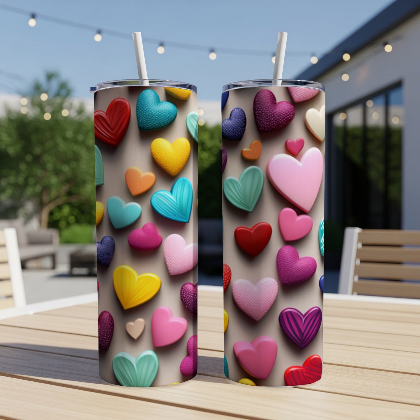 Two tumblers with a colorful heart pattern on a wooden table outdoors.