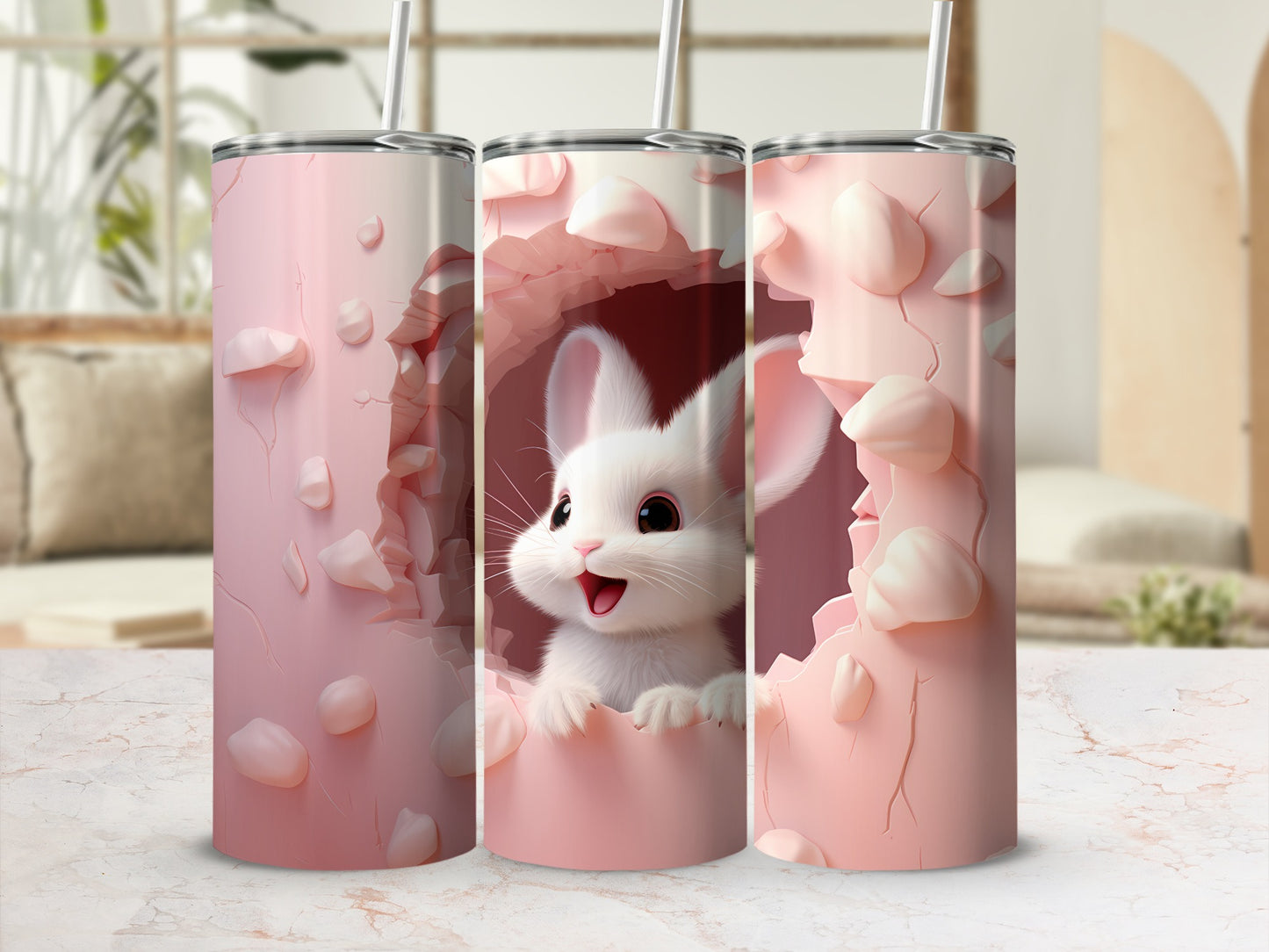 Cute White Bunny Peeking Through Cracked Pink Wall Tumbler