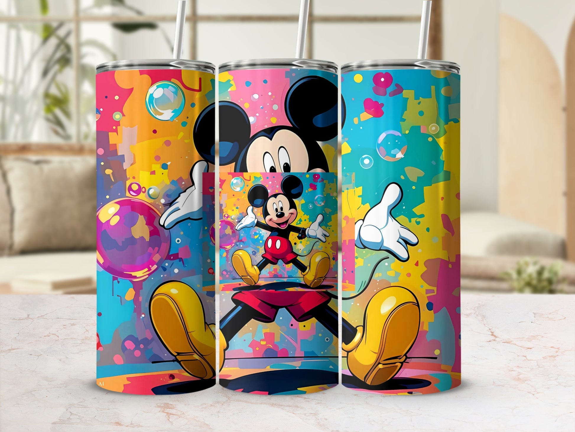 Colorful Mickey Mouse Design Tumbler with Straw