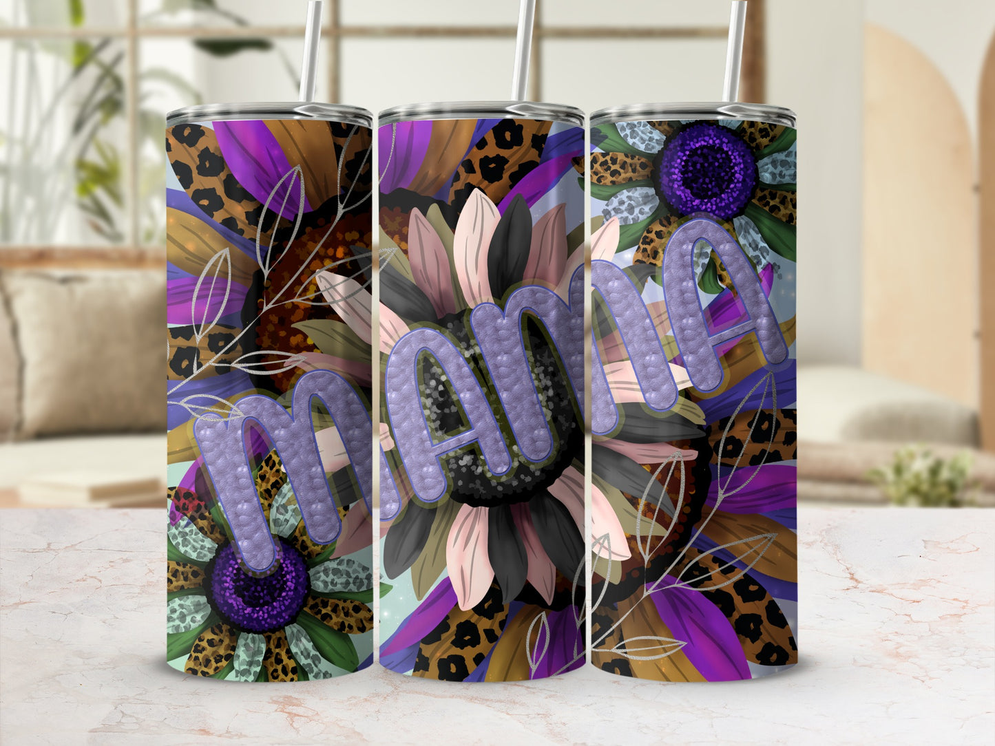 Mama sunflower tumbler with leopard print and purple accents.