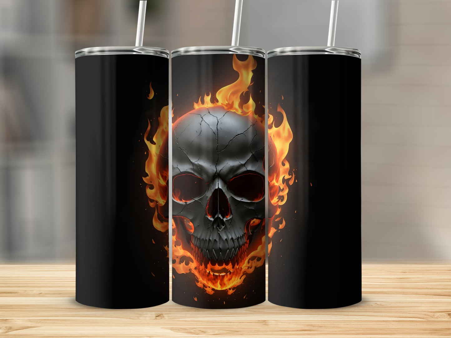 Black tumbler with flaming skull design.