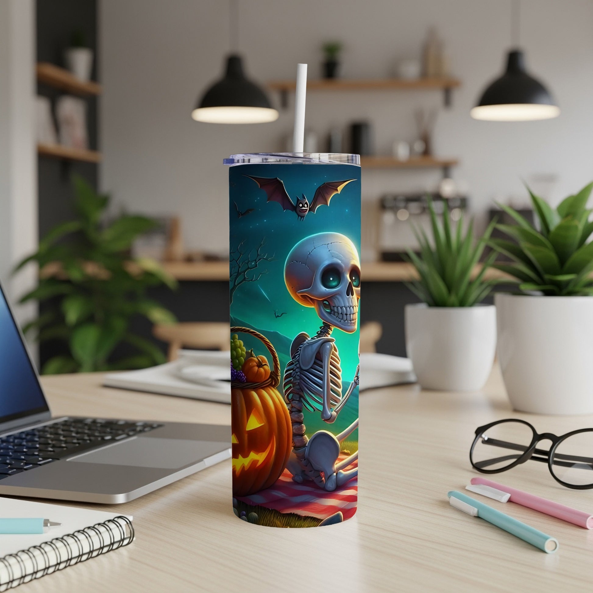 Halloween tumbler with skeleton, pumpkin, and bats on a starry night background.