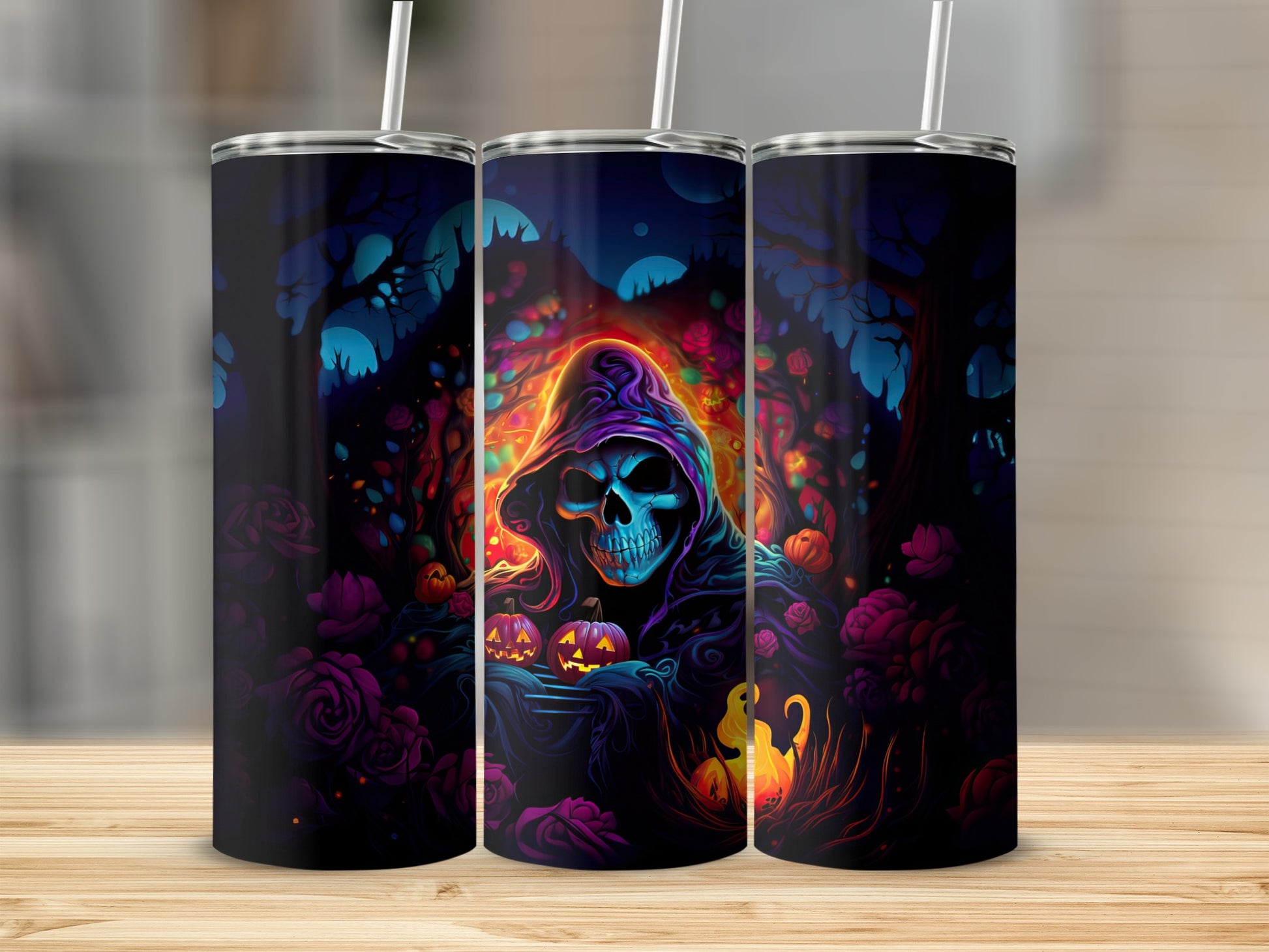 Grim reaper with glowing eyes and pumpkins on a dark floral and tree background.