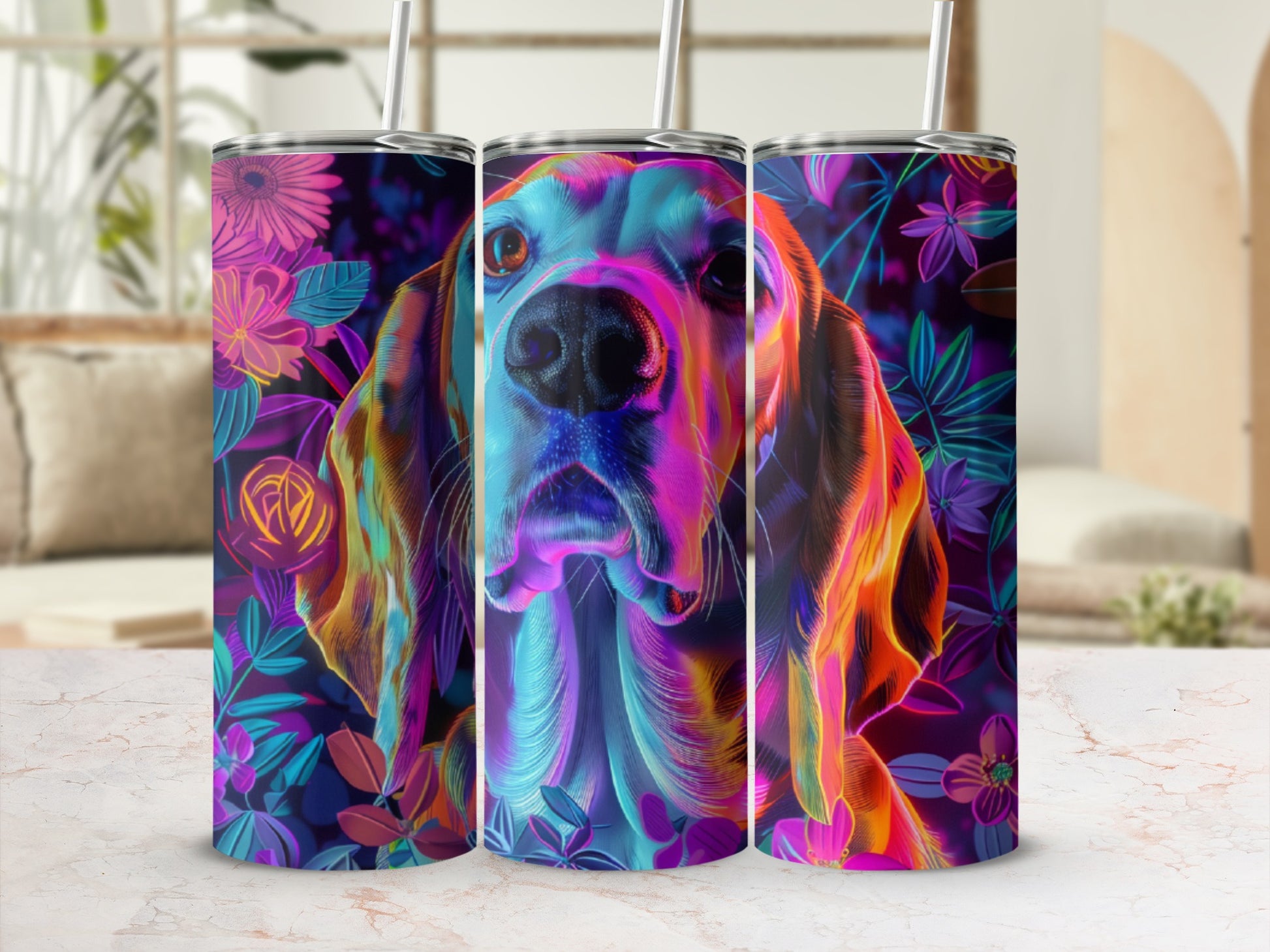 Triptych of tumblers featuring a neon-lit dog portrait with floral accents.