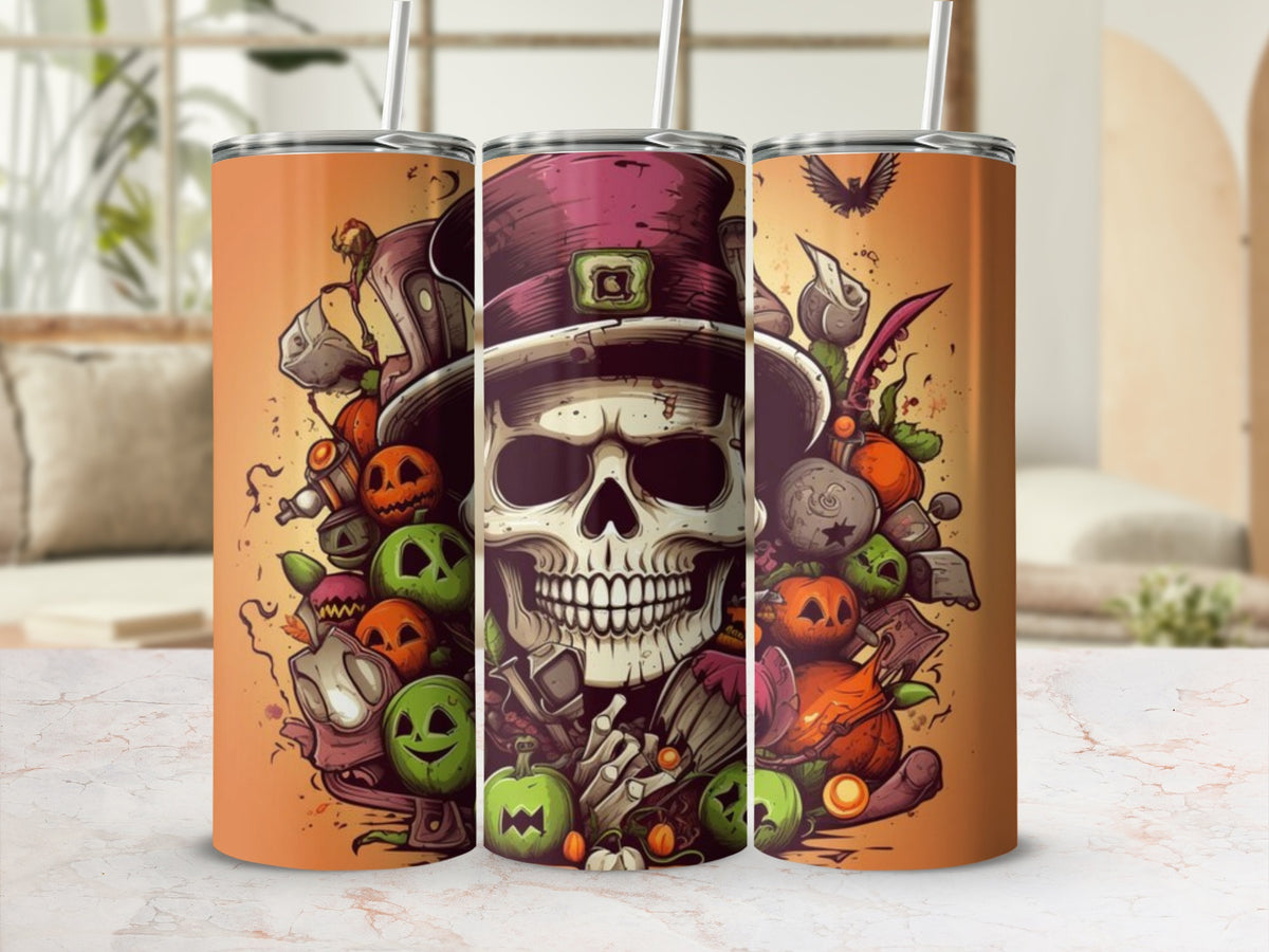 Halloween tumbler with a skull, pumpkins, and a crow design.