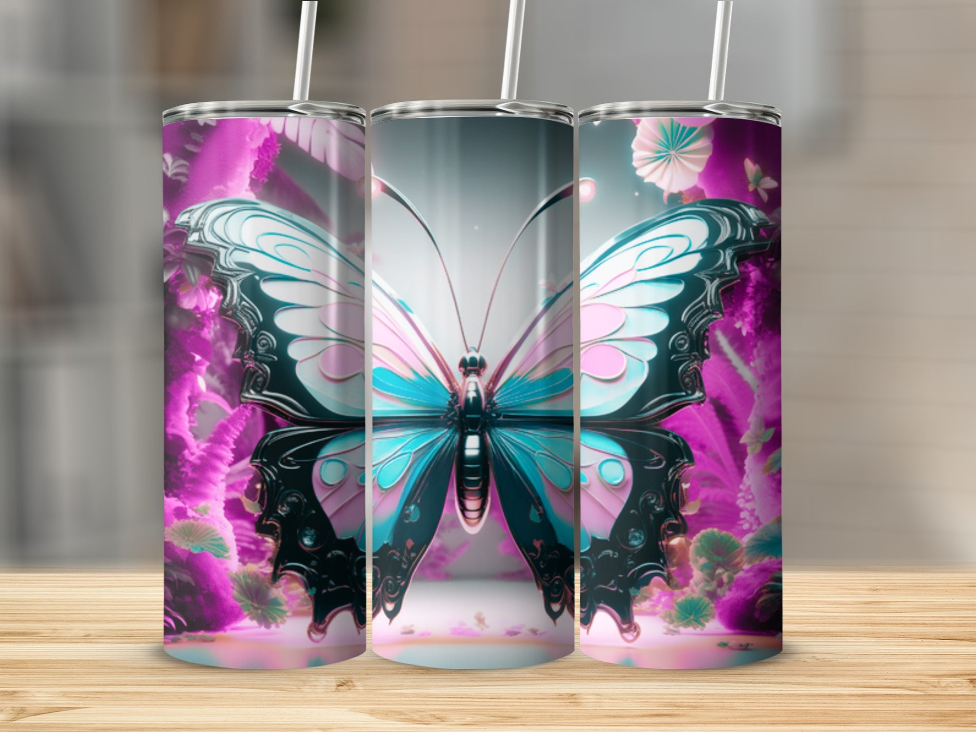 Three tumblers with a butterfly design and floral background.
