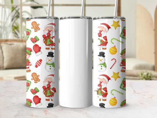 Festive Holiday Themed Tumbler with Santa and Snowman Design