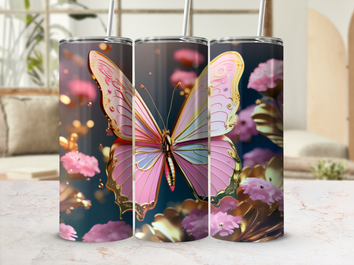 Pink butterfly with gold accents on a floral background, presented on a tumbler.