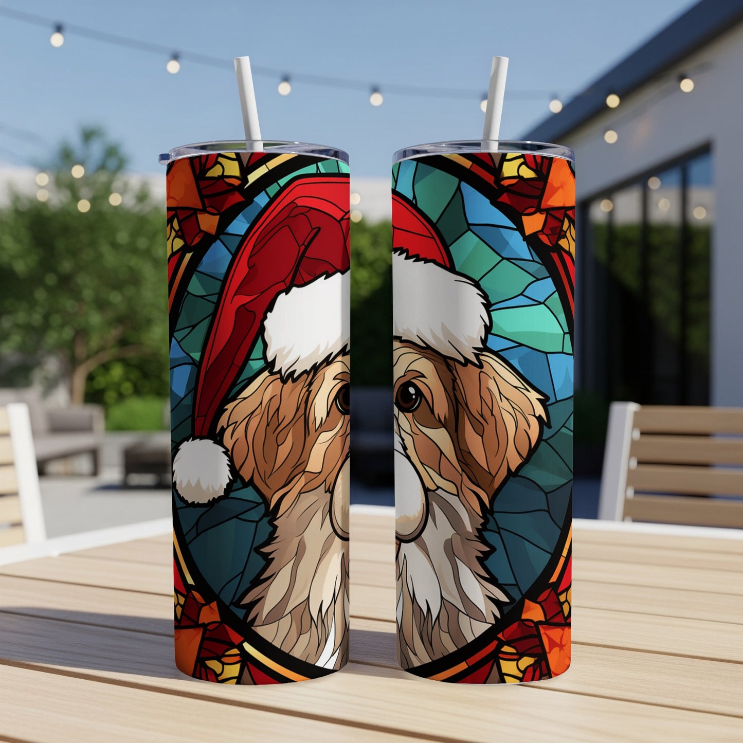 Two tumblers with stained glass style dog wearing a Santa hat.