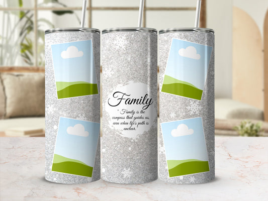 Tumbler with glitter design, snowflakes, and "Family" quote.