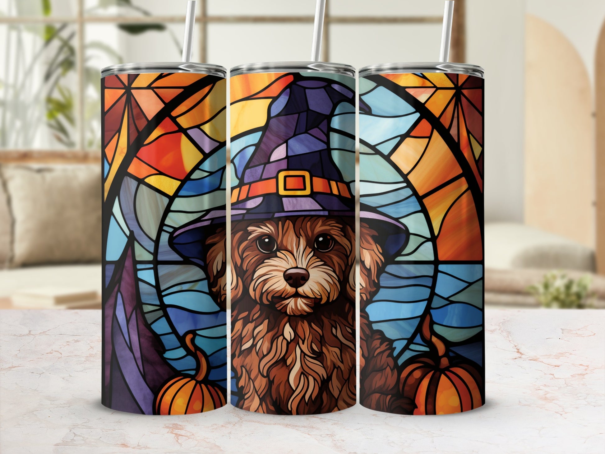 Stained glass tumbler with dog in witch hat and pumpkins.