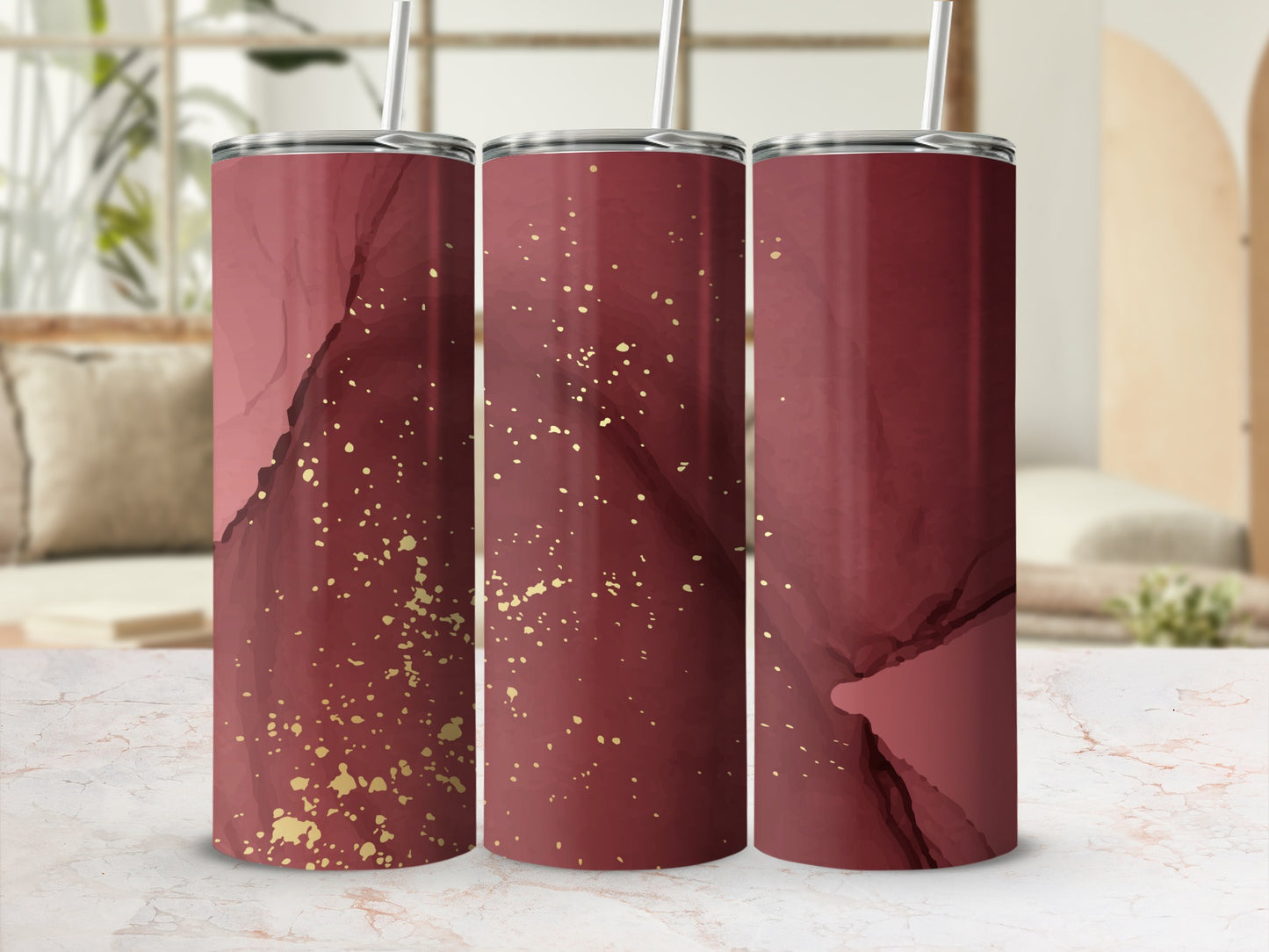 Maroon tumbler with gold glitter accents, shown in a triptych.