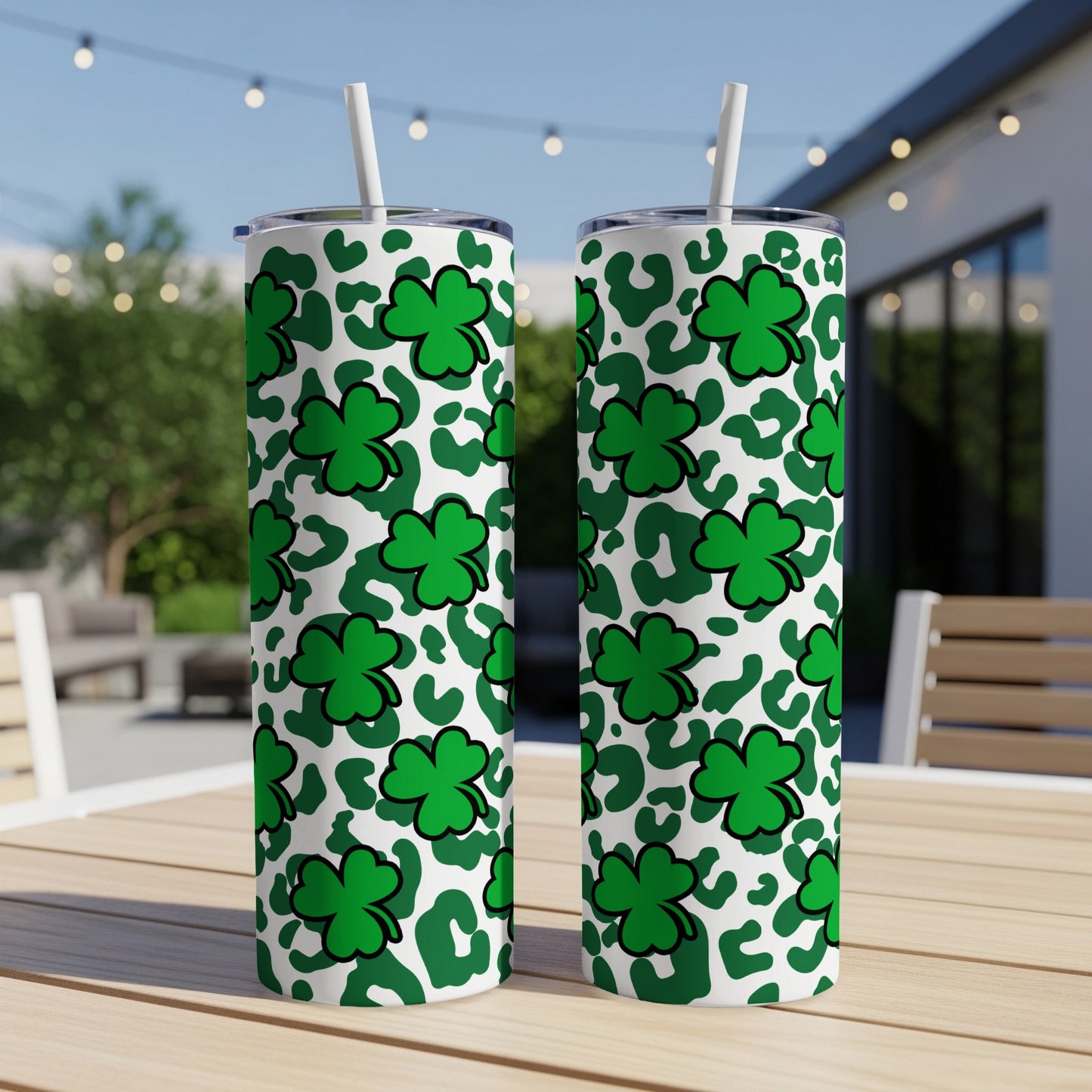 Two Saint Patrick's Day themed tumblers with shamrocks and leopard print.