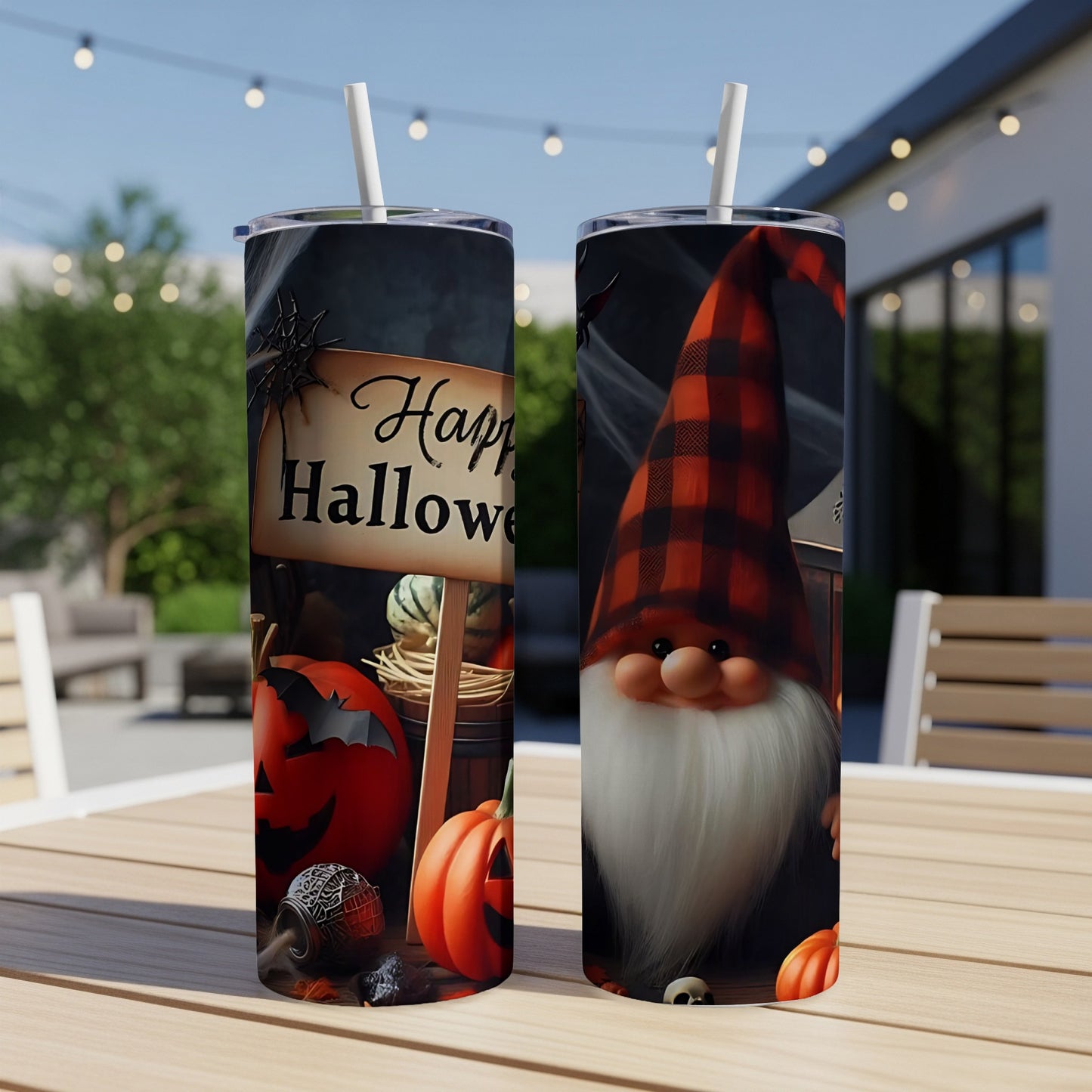 Two tumblers with Halloween gnome and pumpkin designs, one reads "Happy Halloween".