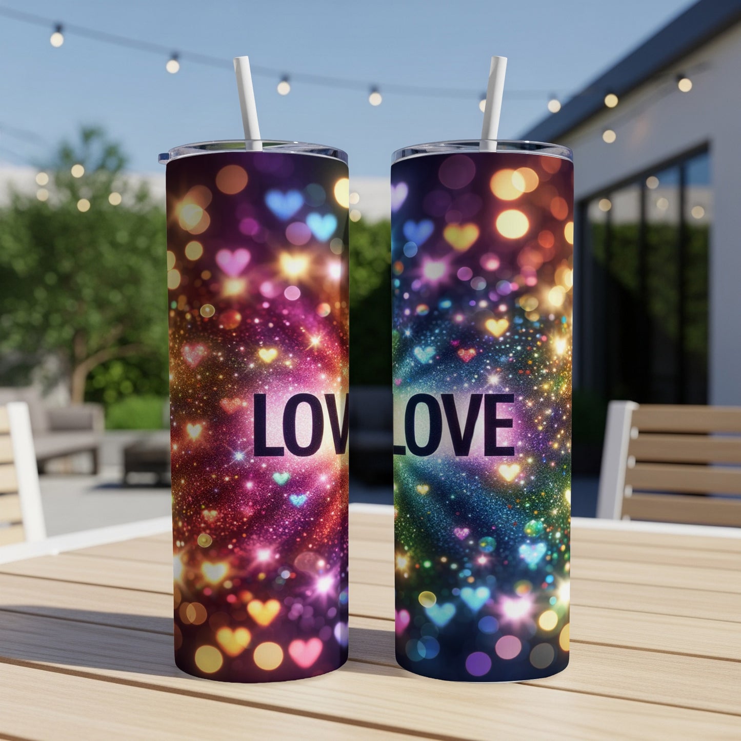 Two tumblers with "LOVE" text against a bokeh and heart background.