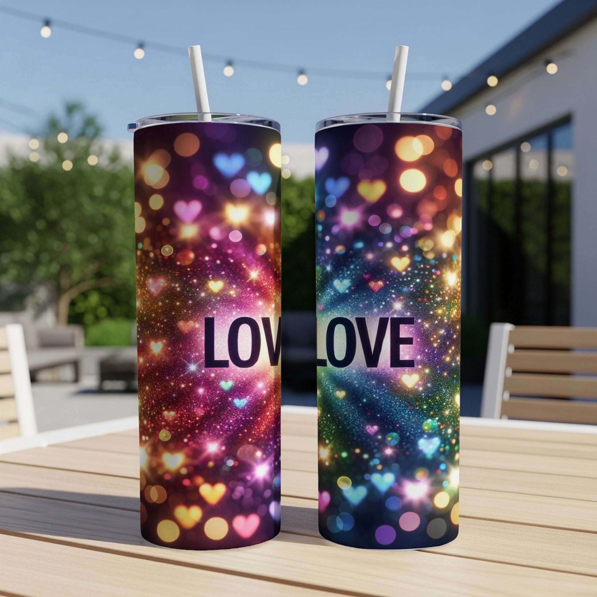 Two tumblers with "LOVE" text against a bokeh and heart background.