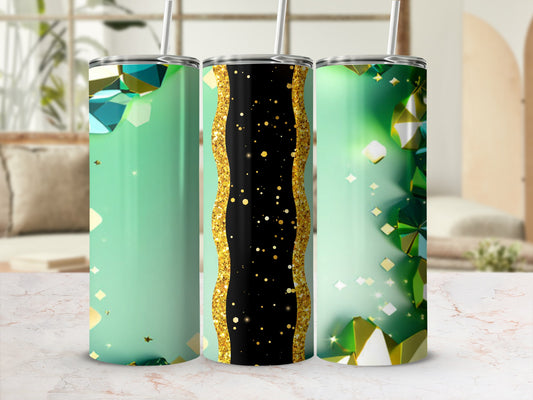 Green tumbler with gold glitter, geometric patterns, and a straw.