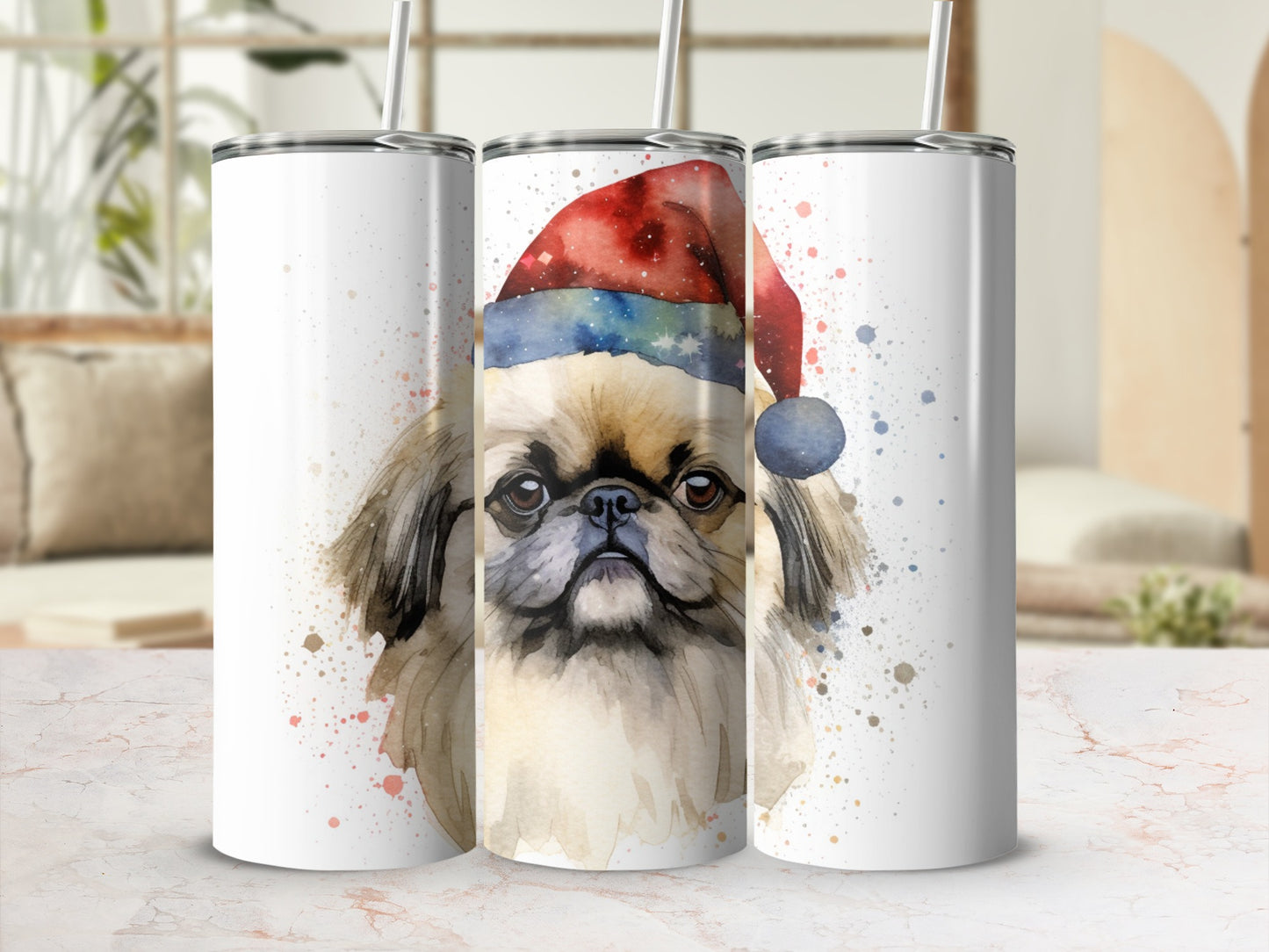 Three white tumblers with a watercolor Pekingese dog wearing a Santa hat.