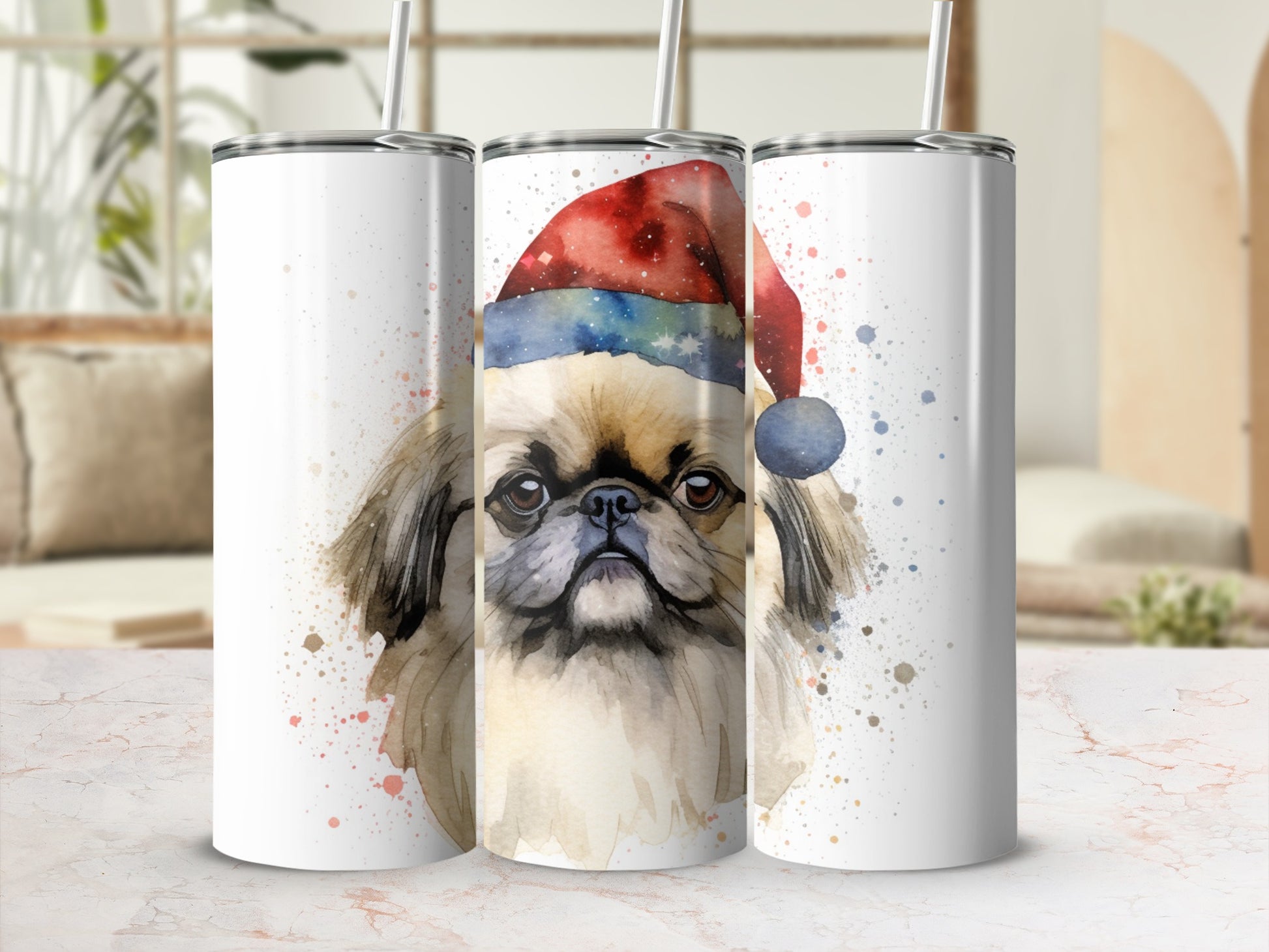 Three white tumblers with a watercolor Pekingese dog wearing a Santa hat.