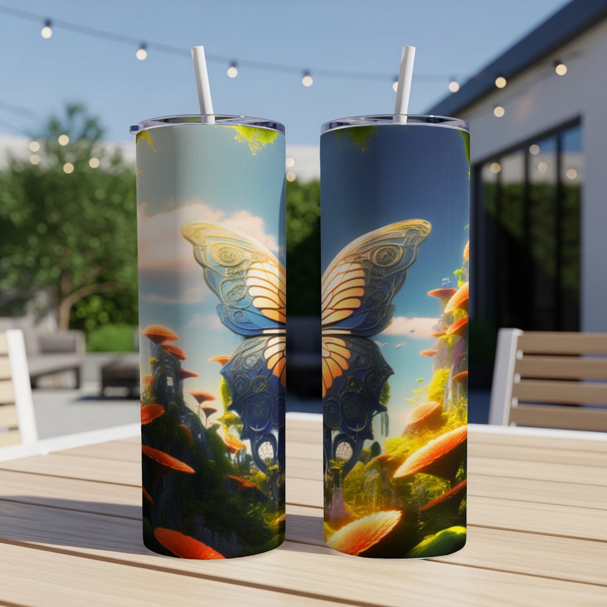 Two tumblers with iridescent butterfly wings and fantasy mushroom landscape.